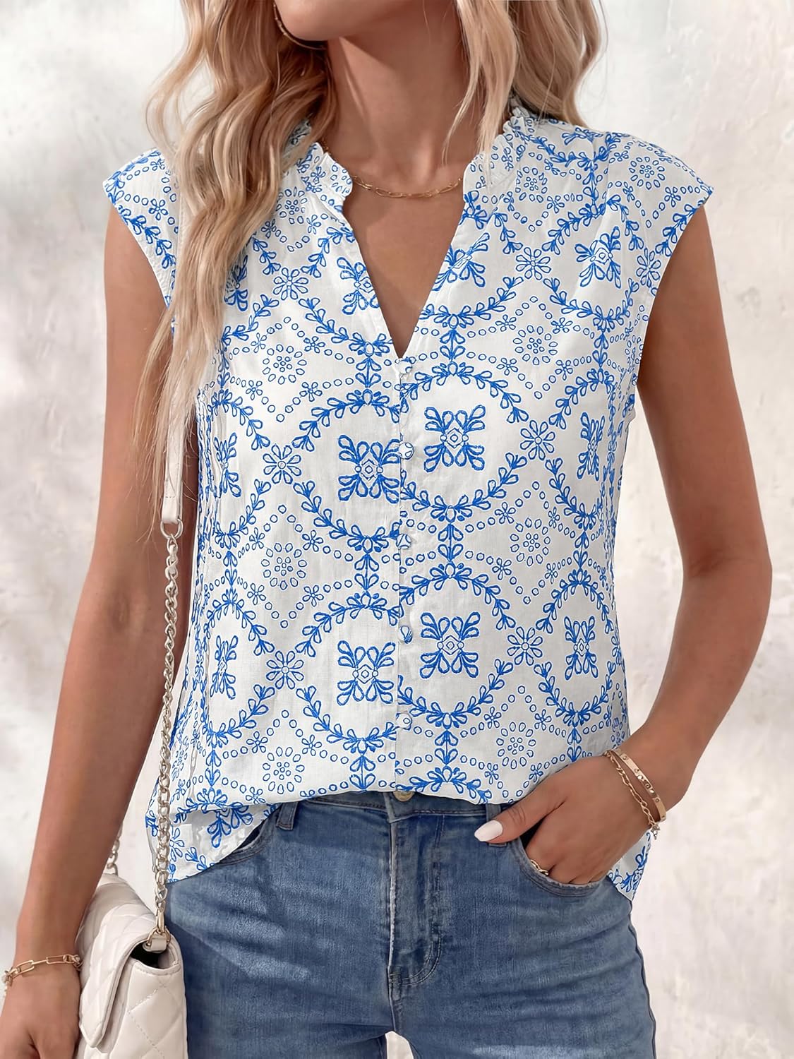 BTFBM Womens Summer Tops Dressy Casual 2026 Floral Eyelet Sleeveless Button Down Shirts Boho Beach Vacation Outfits - Image 2