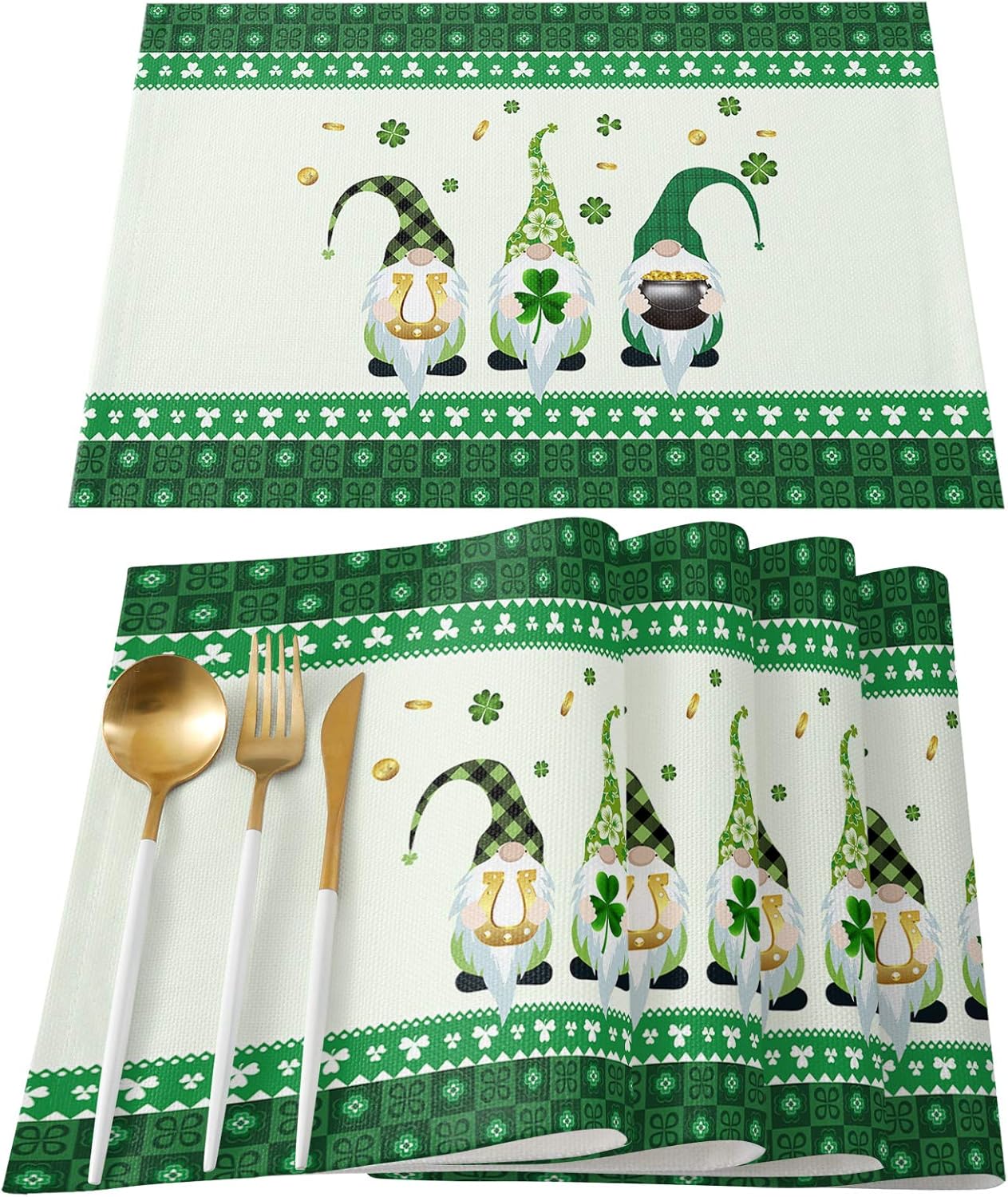 St Patrick's Day Placemats Shamrock Gnomes Tablemats for Dinner Table， Green Check Plaid Gold Coin Table Mats Non-Slip Washable Heat Resistant Set of 6