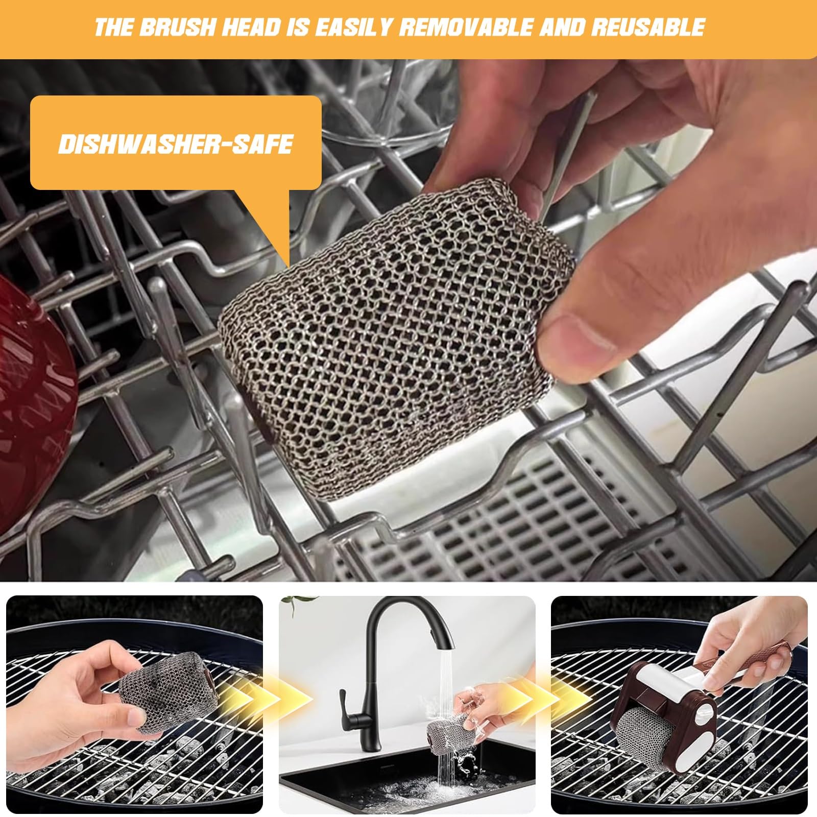 Spazzola per barbecue per esterni, senza setole, pulitore per barbecue acciaio inox 304 per griglie a gas, griglie a carbone, bollitori e griglie(Black gold)