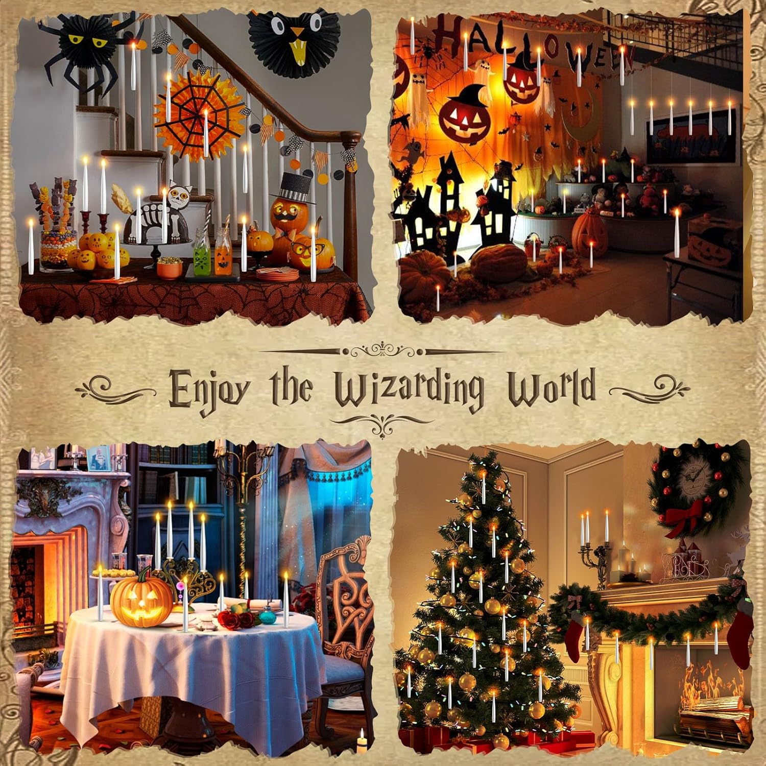 Floating Candles with Wand - Christmas Decorations Magic Flameless Candles Flickering Warm Light LED Hanging Candle Remote, Battery Operated Candles for Christmas Outdoor Indoor Party Decor