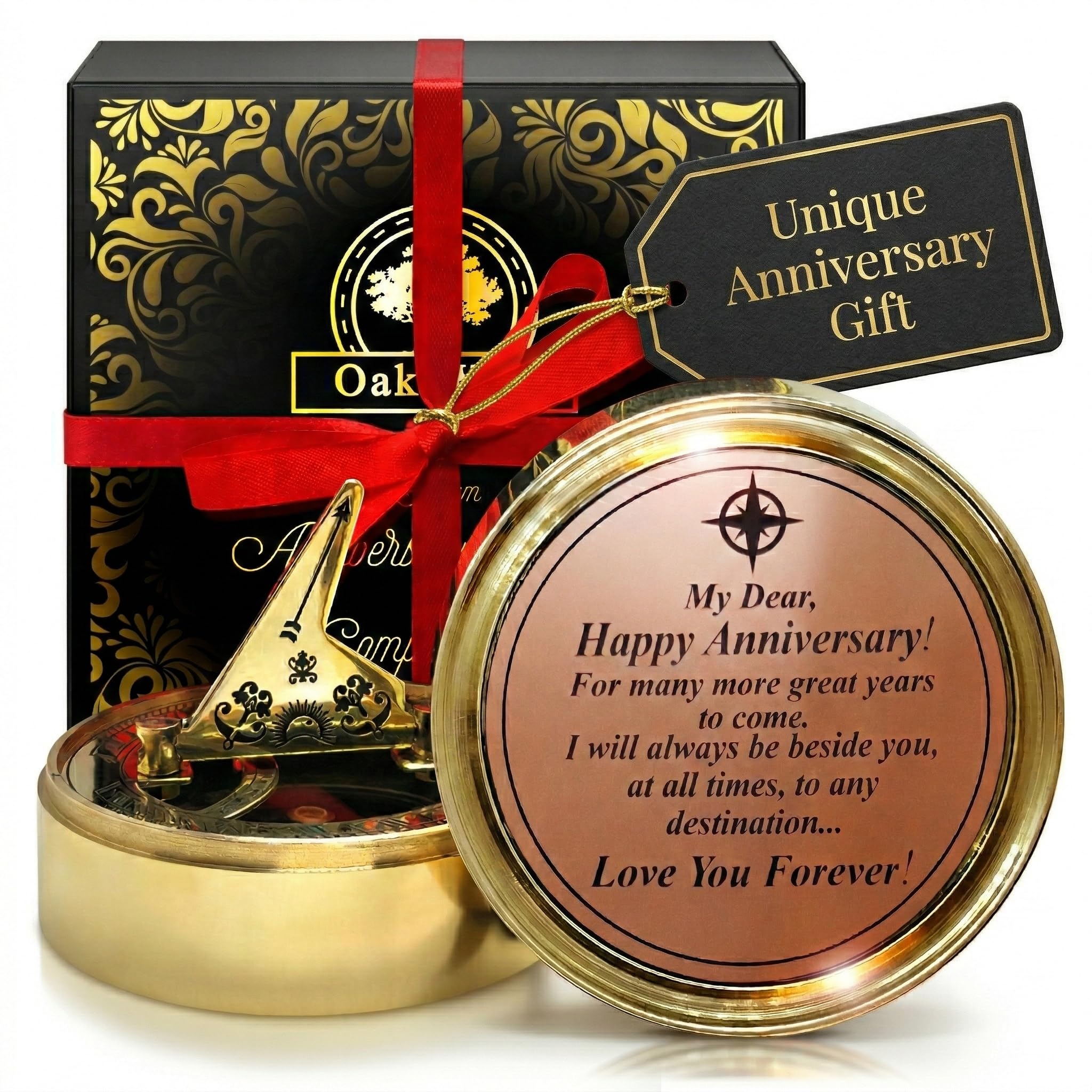 OakiWay Anniversary Sundial Compass Gift for Him or Her - Unique Gift Ideas for Husband or Wife, Men Wedding Anniversary 50th 40th 25th 20th Year Celebration, Gift Card Included