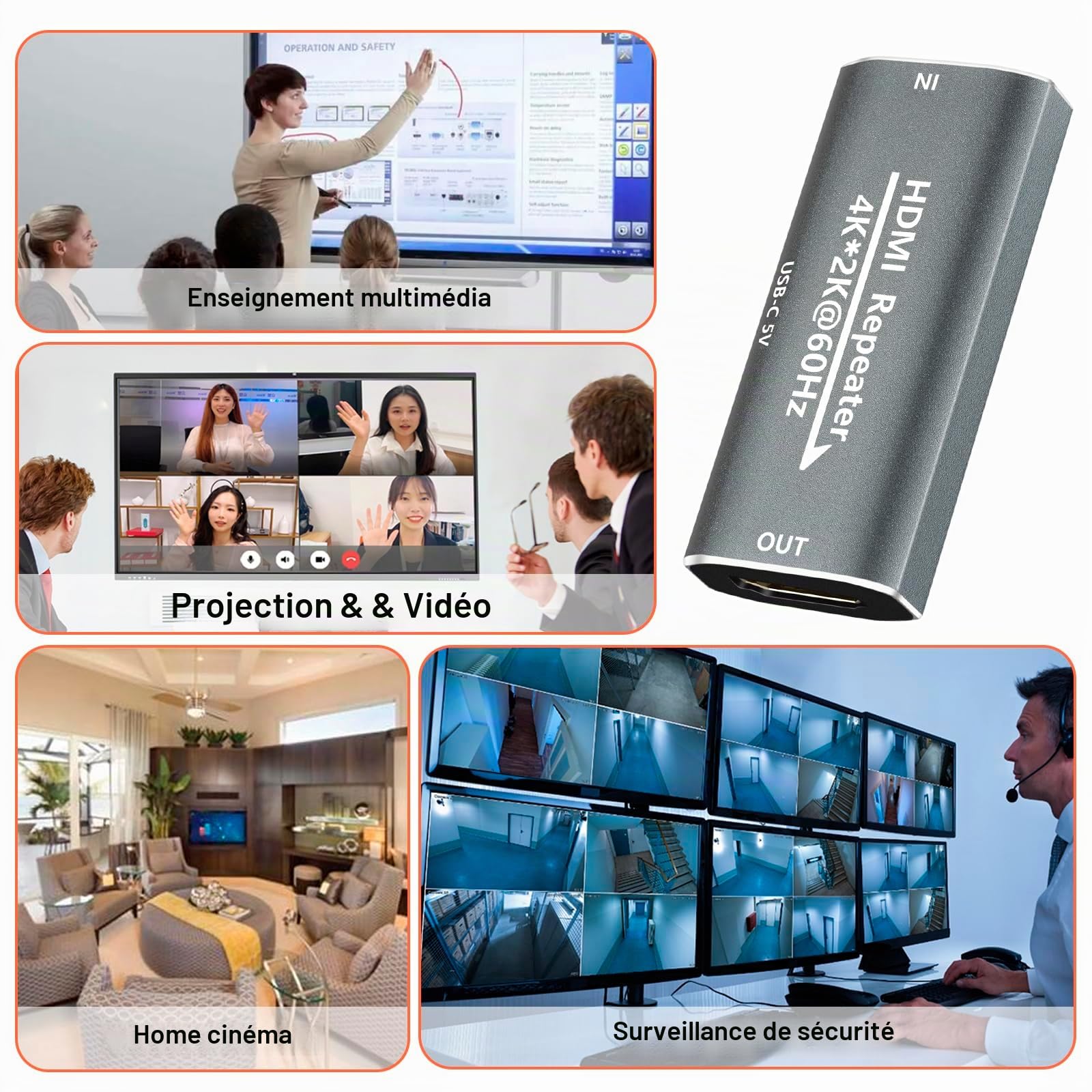 Amplificateur de signal HDMI répéteur – 4K @ 60 Hz 25 m/1080p 44 m rallonge, rallonge HDMI femelle vers femelle Plug & Play, pour jeu/home cinéma/bureau avec port d'alimentation USB-C