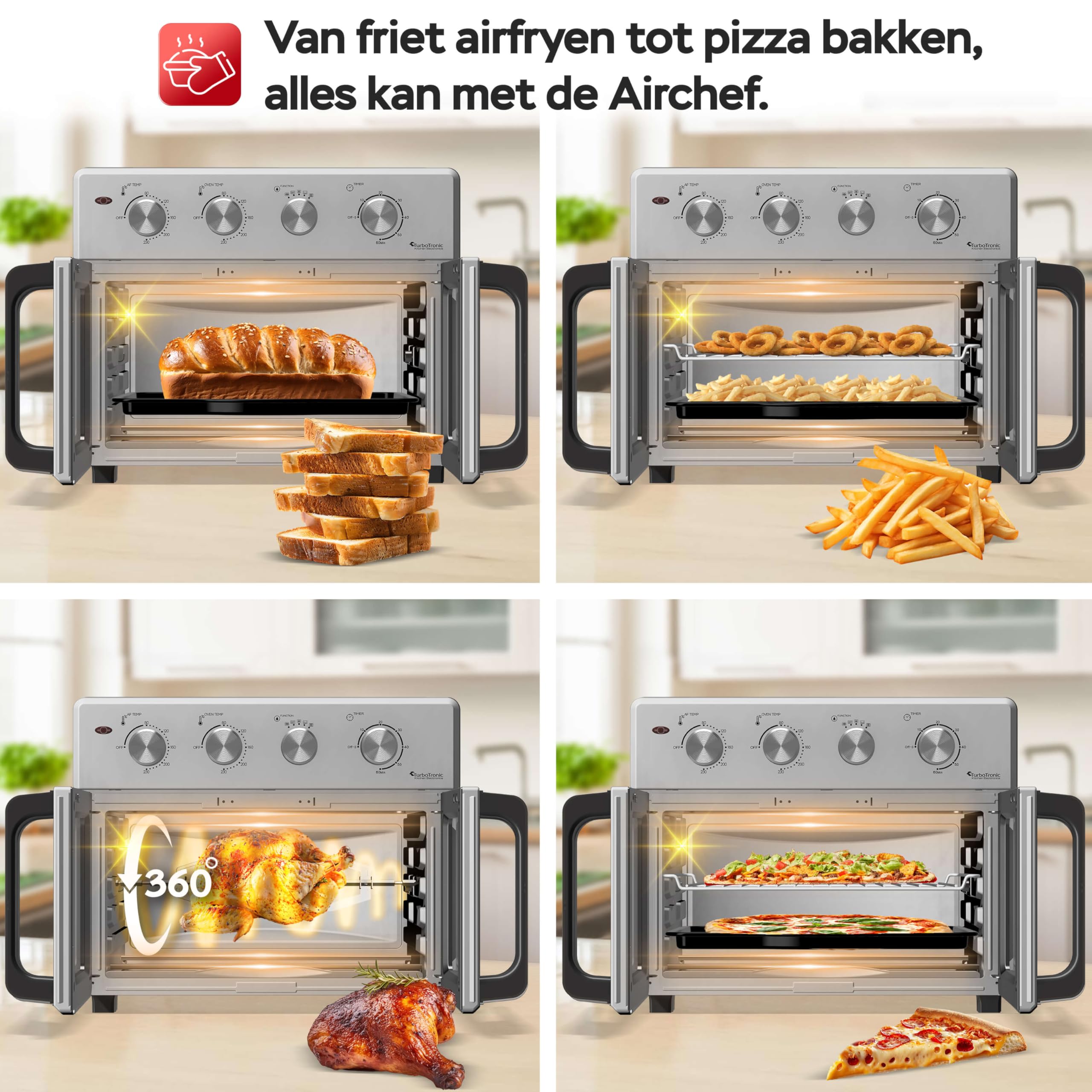 TurboTronic digitaler Heißluftofen - XXL 32 Liter mit Drehspieß für Hähnchen 4in1 Mini Backofen & Power Heißluftfritteuse Airfryer ab 80°C