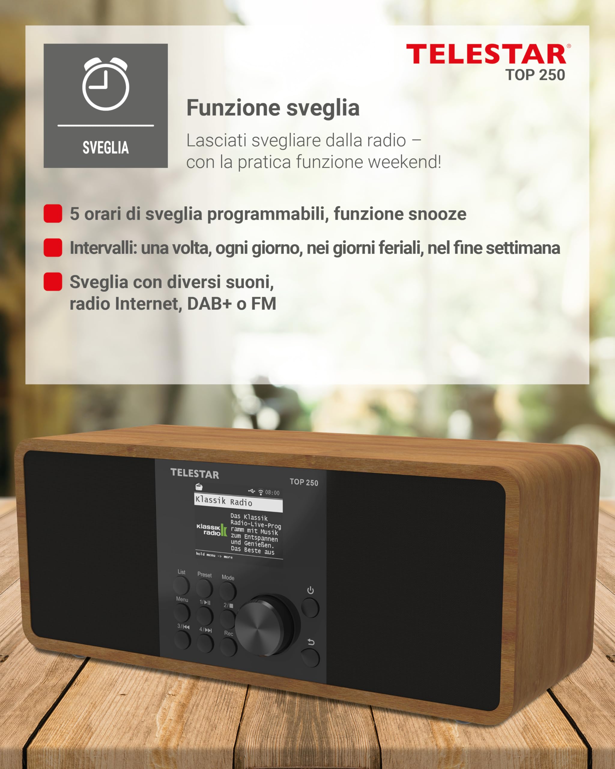 TELESTAR TOP 250 Radio DAB+ Internet Bluetooth Audio-Streaming 2x10W USB registrazione Legno
