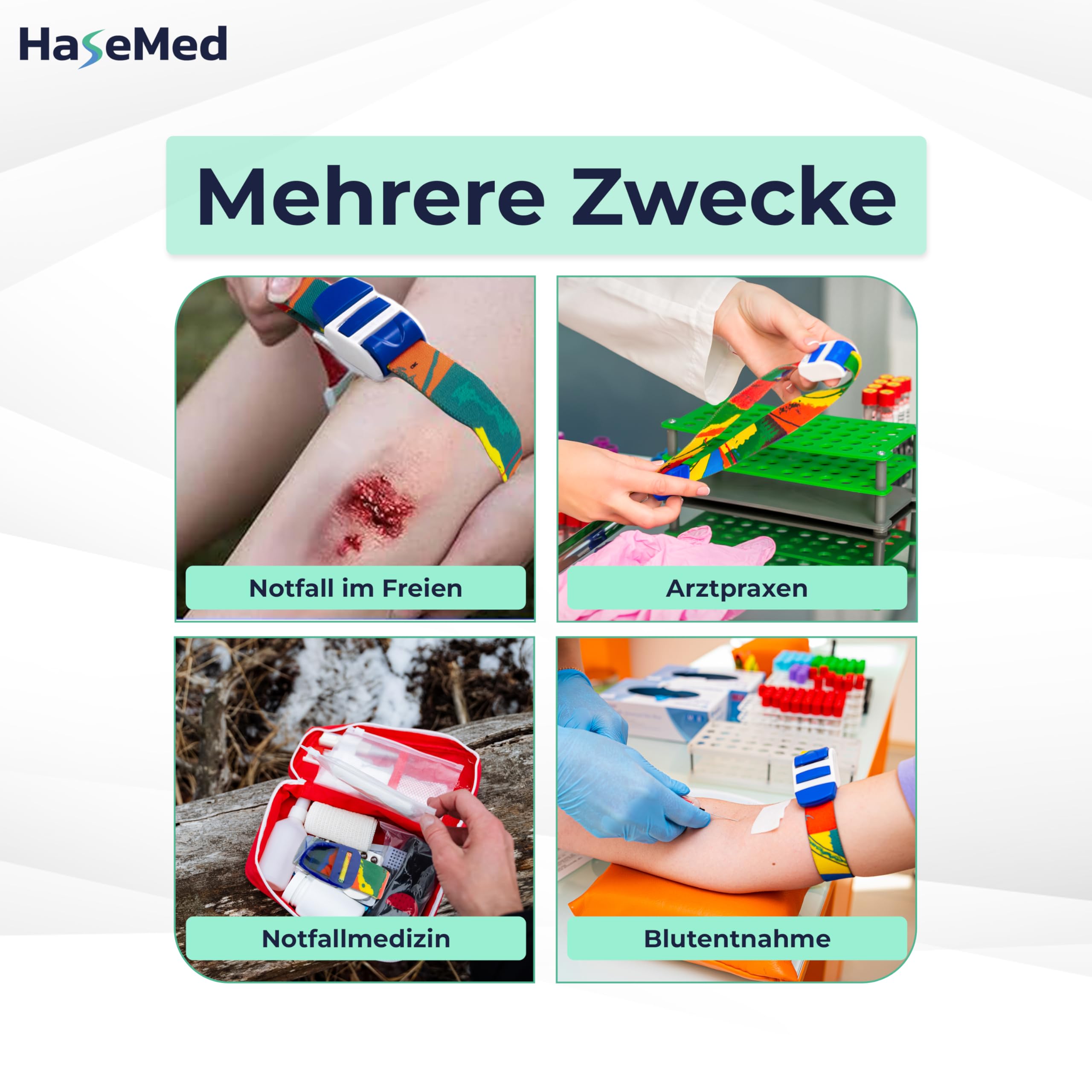 HaseMed Venenstauer, metallfrei, latexfrei, bunt – 3 Stück Tourniquet für medizinische Anwendungen, elastisch und sicher, ideal für Notfälle und Krankenhäuser