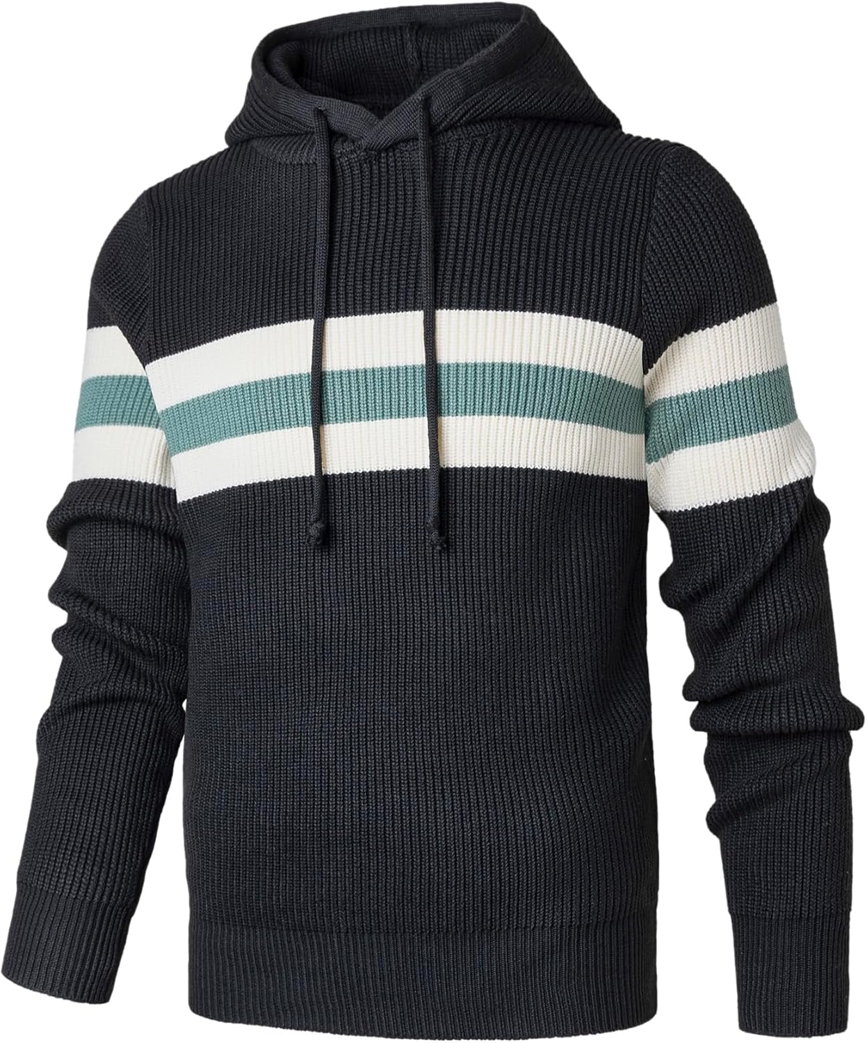 Men's Hooded Sweater Knitted Pullover Long Sleeve Stripe Jumper Drawstring Knitwear - Image 3