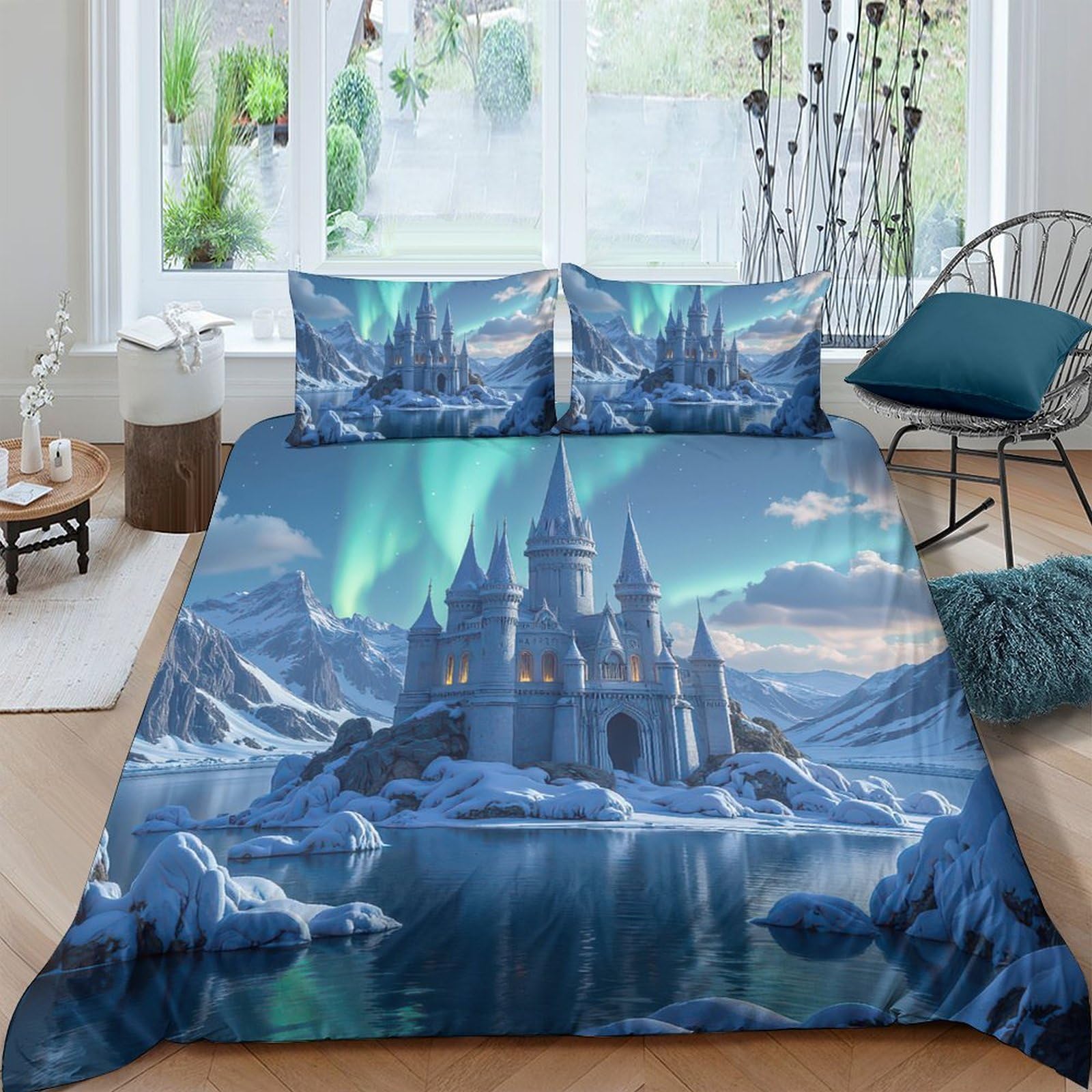 Ctjqhvkz Style-7 3D Printed Aurora Castle Fitted Sheet Microfiber Soft Anti-Slip Arctic Landscape Bed Cover For Bedroom Decor Single（135X200cm）