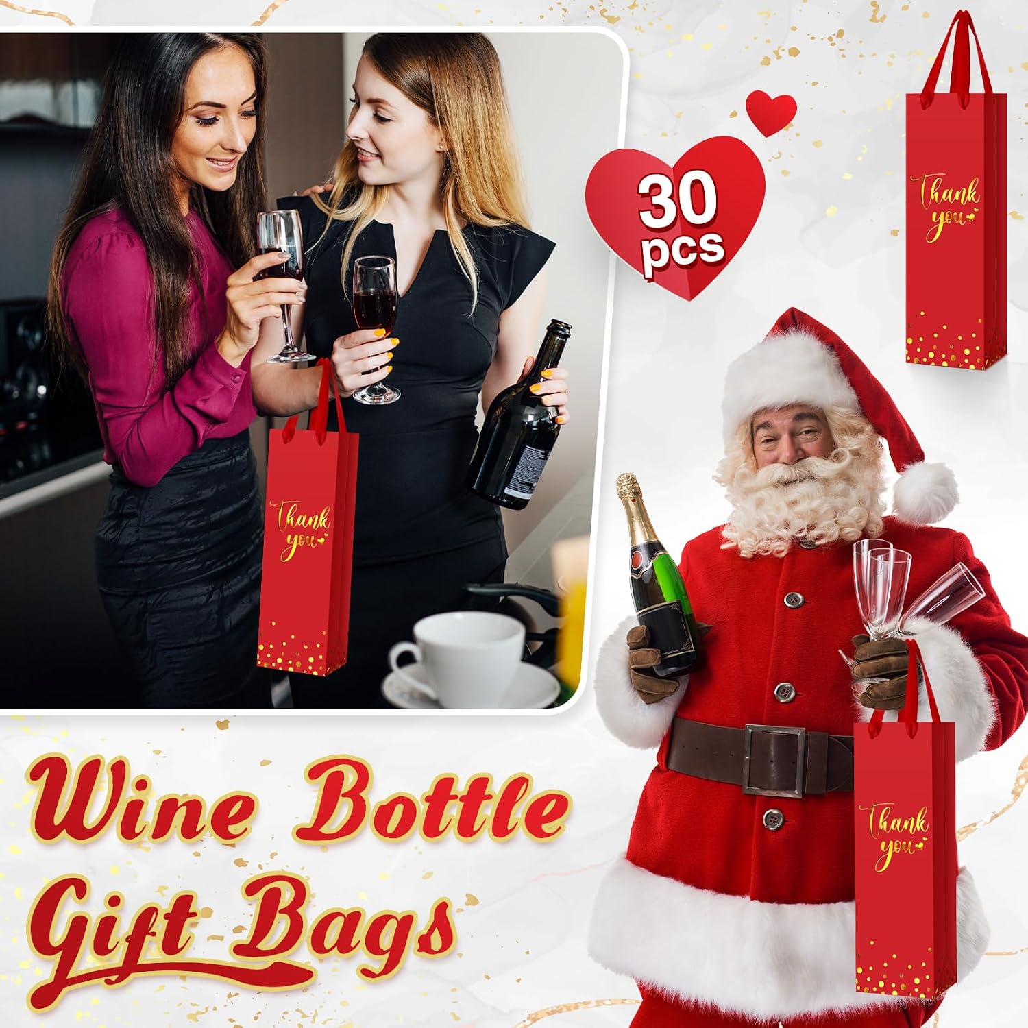 Ctosree 30 Pcs Wine Bottle Gift Bag with Handle 4.3x3.5x13.7 Liquor Paper Bag for Thank You Favor Gold Foil Kraft Whiskey Tote Carrier for Graduation Party Wedding Birthday(Red)