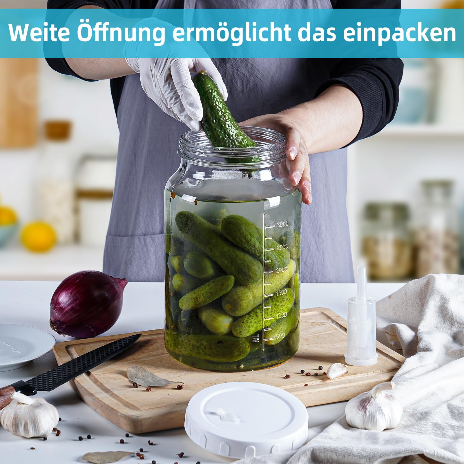 Groß Fermentierglas 4 Liter mit Luftschleuse - Breiter Mund Fermentier Set für Kimchi Sauerkraut Kefir