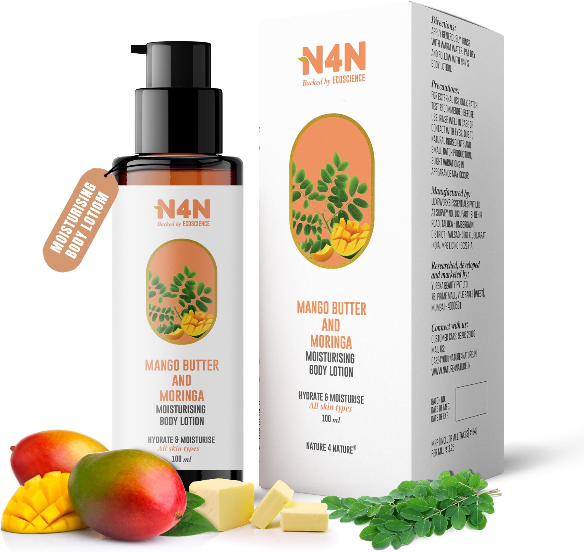 N4N Body Lotion with Mango Butter & Moringa Moisturizer Body Lotion for Women & Men with Dry Skin Natural Deep Hydration Sulphate & Paraben-Free, Suitable For Dry and Normal Skin, Dermatologically Tested - 100ml