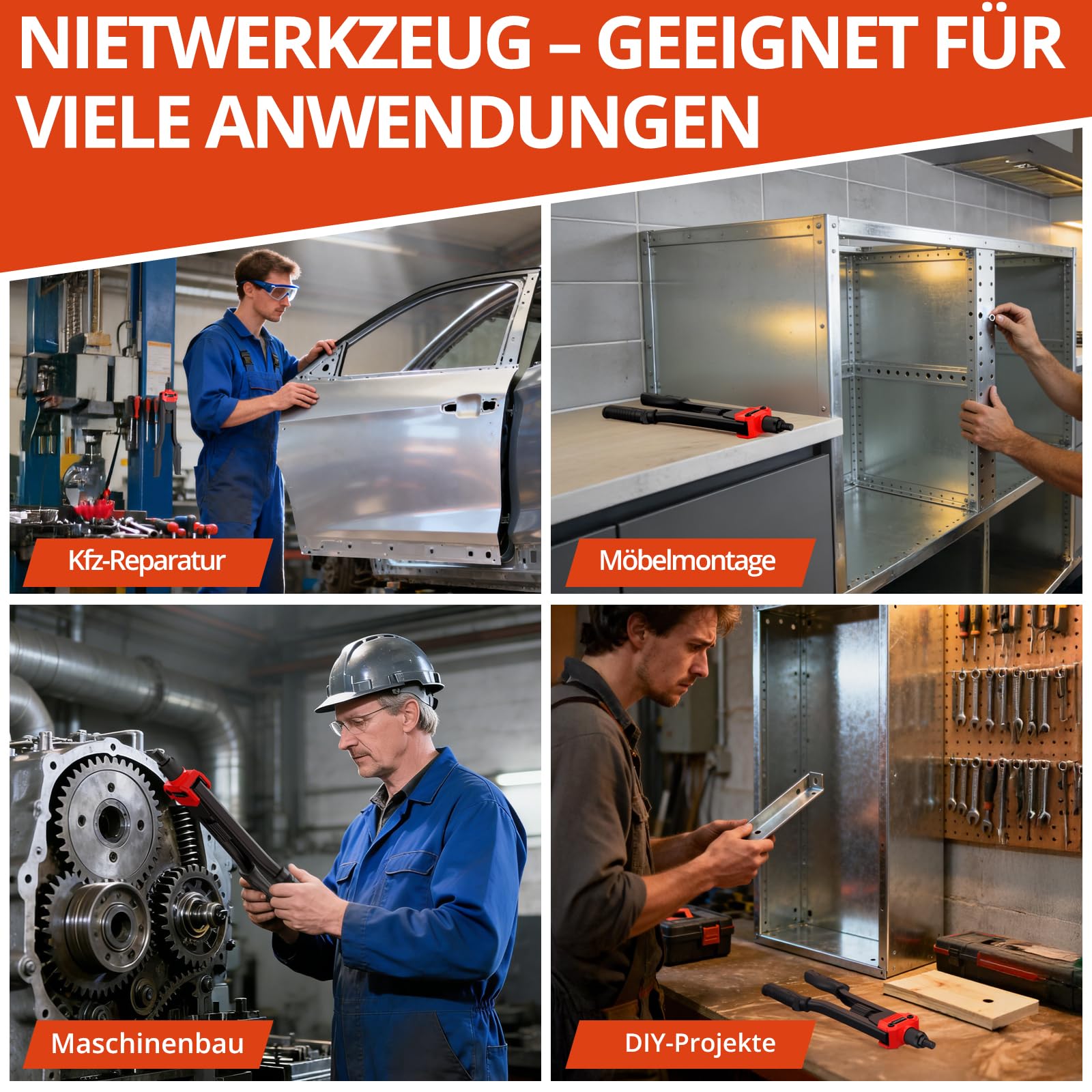 GETLITOOL Nietmutternzange Set, 40cm Nietzange inkl. 120 Nietmuttern, M3-M12 Dorne, Gewindenieten Zange Set für Kfz-Reparatur Metall Holz Möbel, Rutschfest Griff Einnietmutternzange mit Tragekoffer