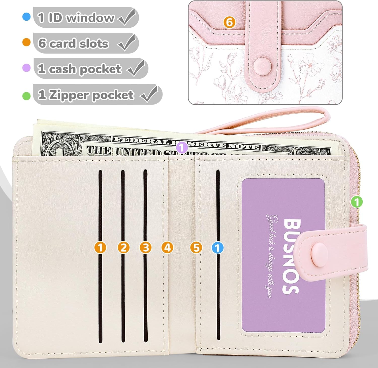 Women's Wallet Small Wallets for Women Cute Ladies Wallets Pink Bifold Flower Wallet Womens With Card Holder for Women Women's Coin Pocket Purses with Zipper - Image 3