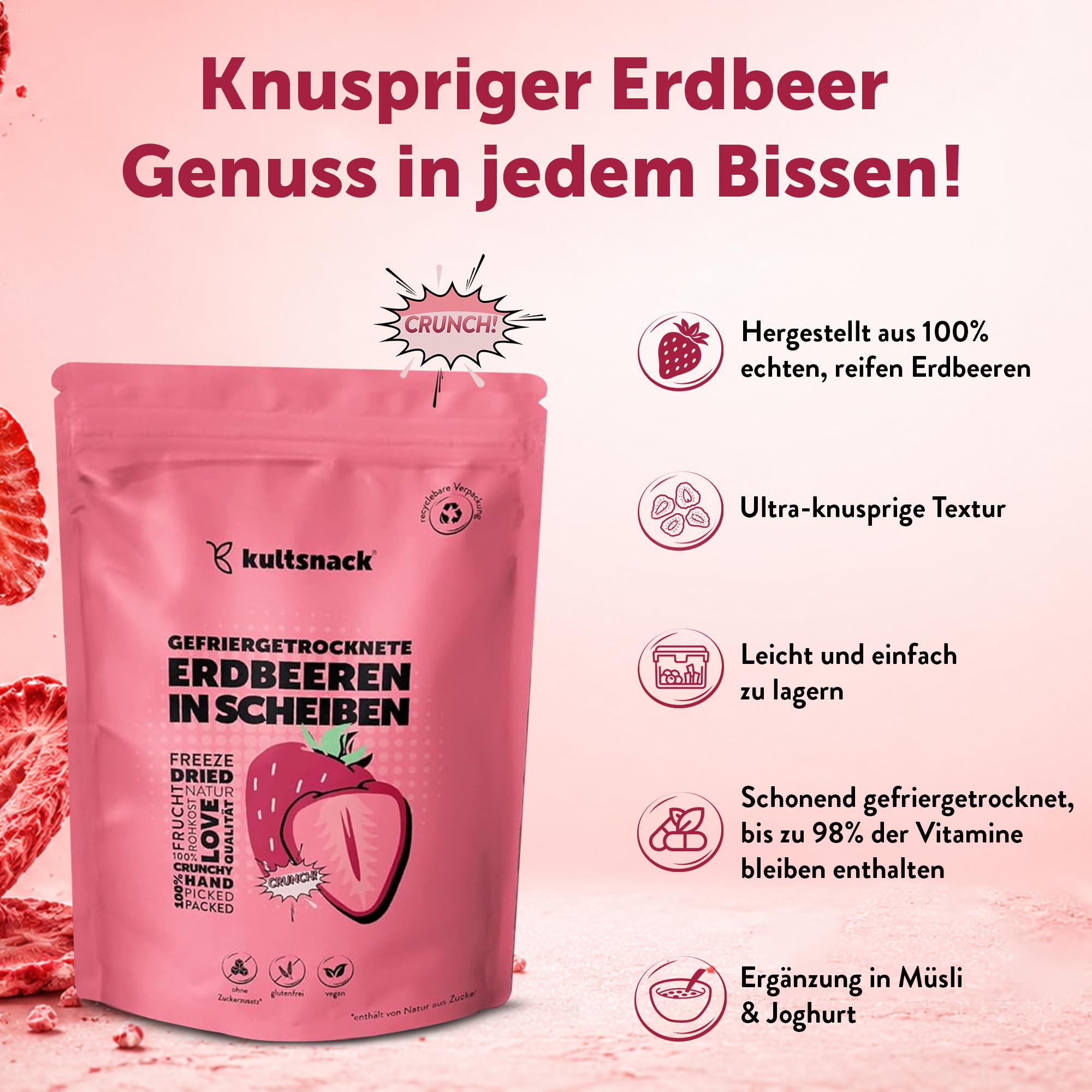 KULTSNACK Gefriergetrocknete Erdbeerscheiben – 500g – Getrocknete Erdbeeren – Als Snack & für Müslis – Süßigkeiten Ersatz – ohne Zuckerzusatz – Pure Frucht (Vegan, Glutenfrei)