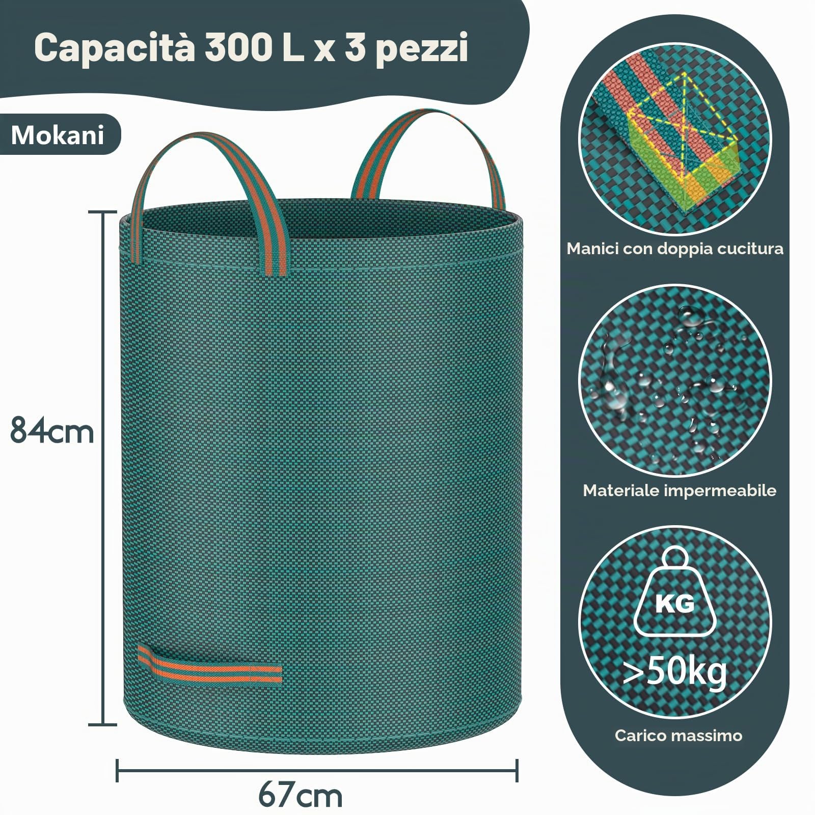 Mokani Sacchetti per rifiuti da giardino, resistenti, con manici, 300 l x 3 sacchi riutilizzabili da giardino, pieghevoli, sacchetti per riciclaggio da campeggio, per foglie, rifiuti, detriti e
