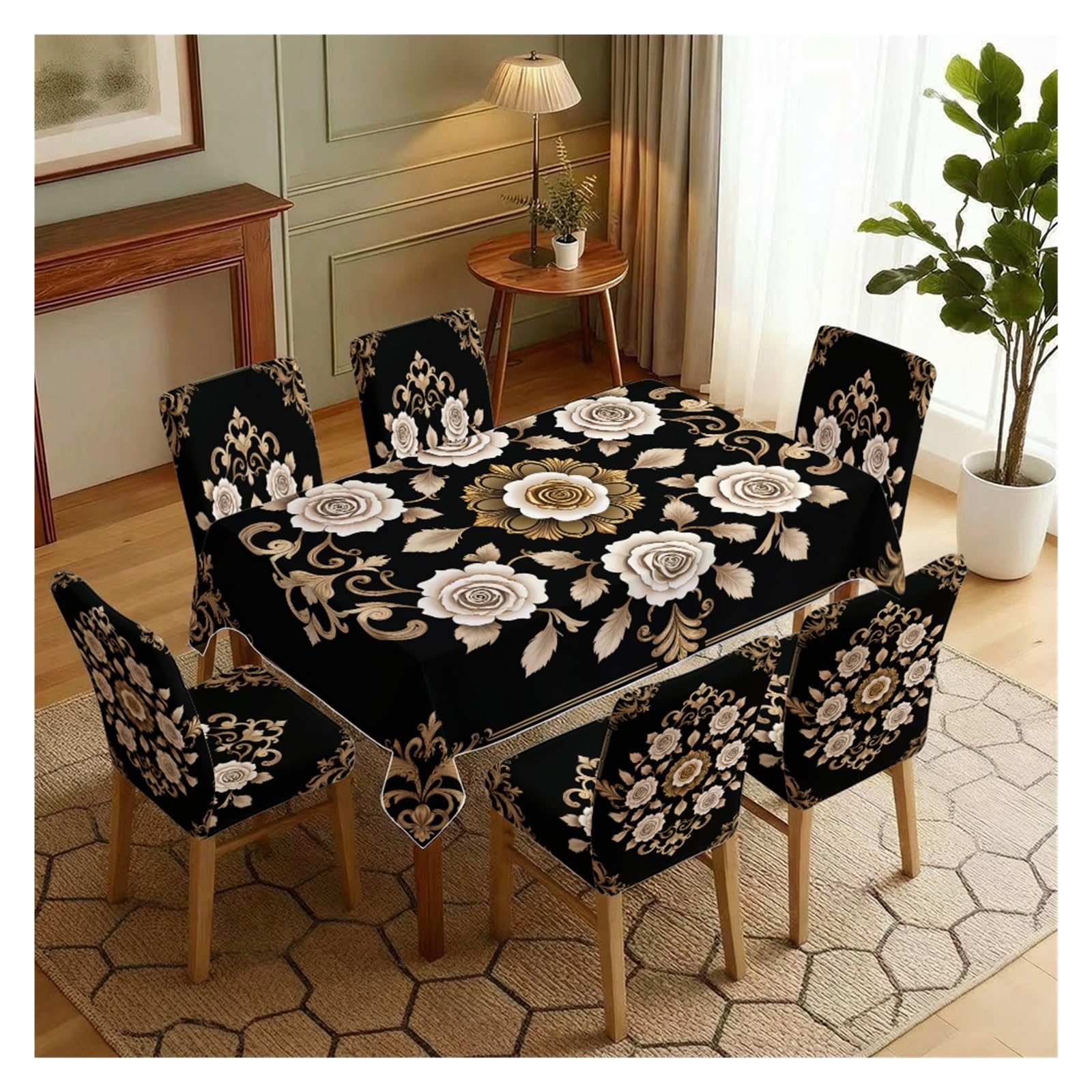 KXUAUV Black Baroque Rose Print Tablecloth & Chair Covers Set, Slipcovers For Dining Room, Kitchen, Banquet & Gothic Decor, 5/7 Pack Party Decor(7pcs Set: Tablecloth+Chair Covers)