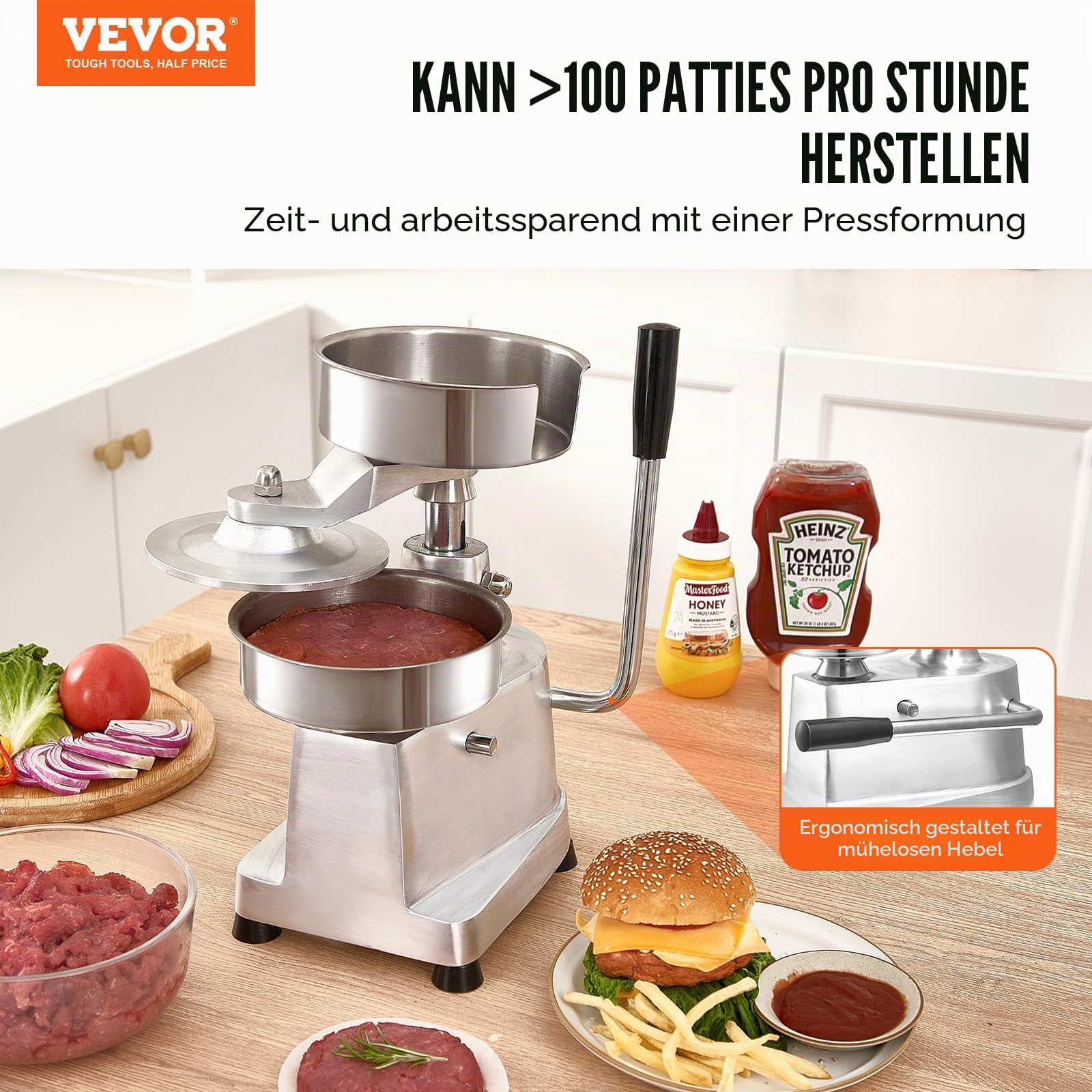 VEVOR Kommerzieller Burger-Patty-Maker, 150 mm, Hamburger-Rind-Patty-Maker, Strapazierfähig, Lebensmittelechter Edelstahl Burgerpresse, Küchenfleischformer