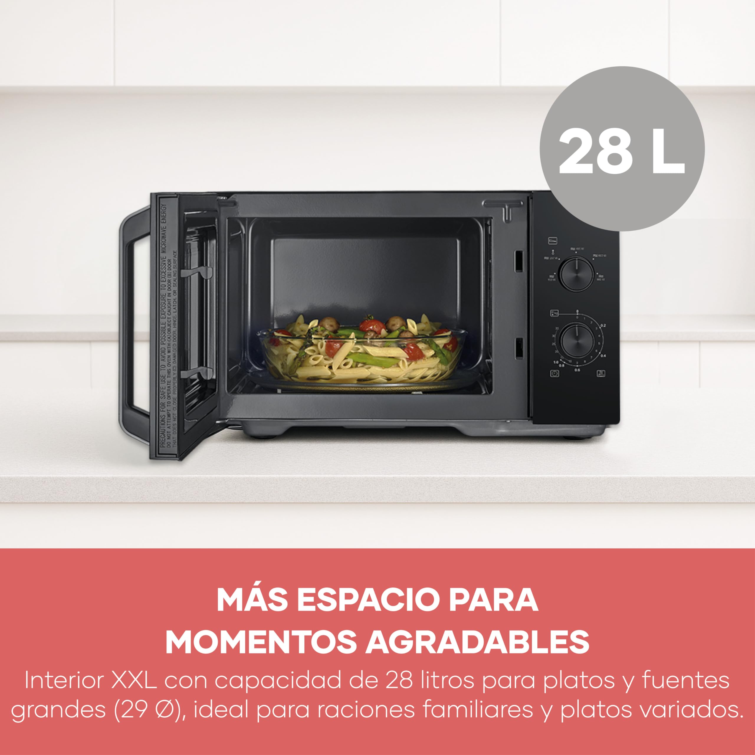 Severin Microondas, para descongelar y calentar, interior XXL, 28 l, horno microondas con plato giratorio de cristal extraíble, 5 niveles, temporizador de 35 minutos, 900 W, negro/metal, MW 7796