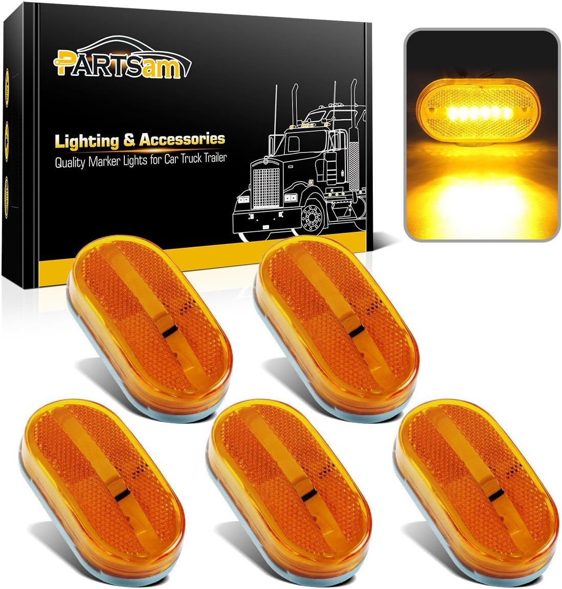 Partsam 5pcs Amber LED Marker Light [DOT Certified], Side Marker Clearance Lights with Reflex Lens for Trailer RV Camper Motorhome, Surface Mount