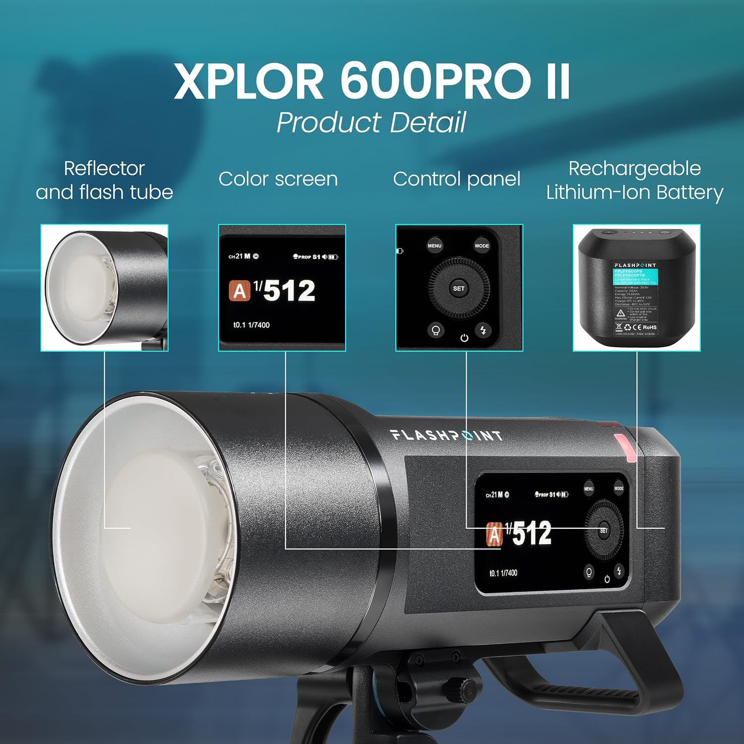 Flashpoint XPLOR 600PRO II Battery-Powered All-in-One Outdoor Flash with Nano Pro Touchscreen TTL Wireless Flash Trigger, Compatible for Olympus/Panasonic Cameras.