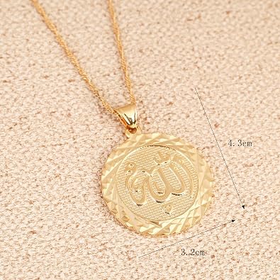 Allah Gold Pendant Necklace Link Chain Middle East Charm Islam Round Pendant