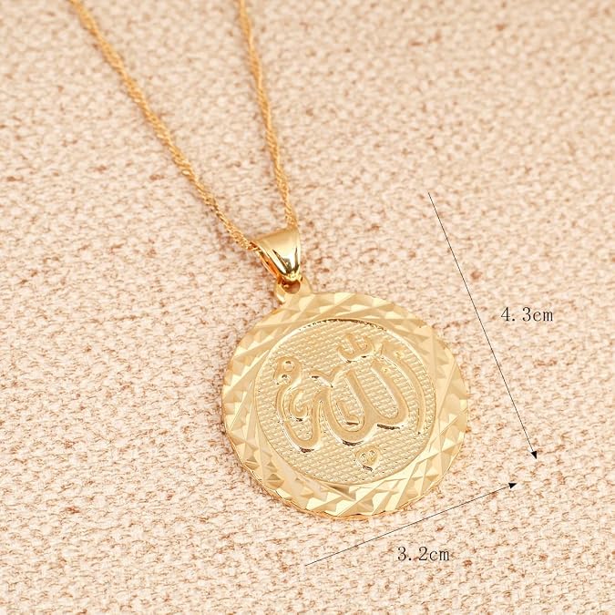 Allah Gold Pendant Necklace Link Chain Middle East Charm Islam Round Pendant
