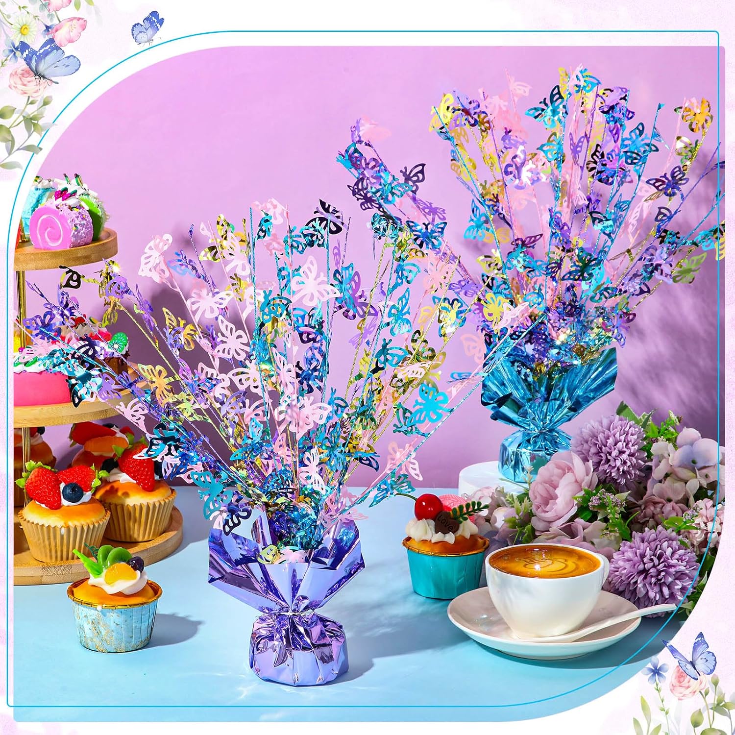 3 Piece Butterfly Foil Spray Table Centerpieces for Birthday Party | Metallic Gleam Finish, Glitter Butterfly Branches, Table Decor for Butterfly Theme Birthday Baby Shower Spring Party