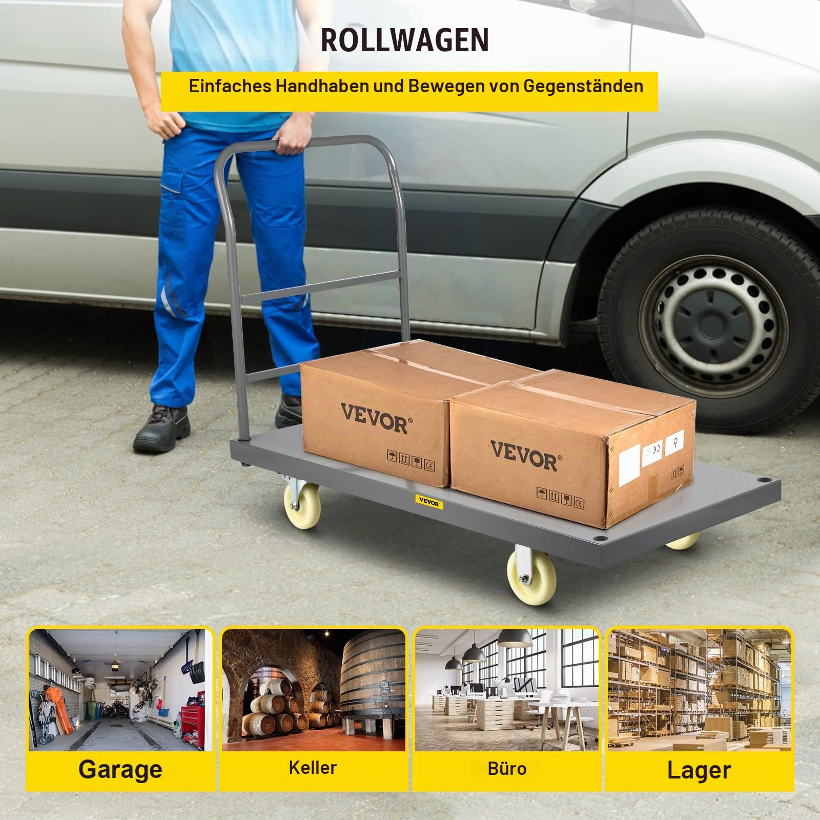 VEVOR Plattformwagen 907 kg Tragkraft Transportwagen, 125 mm Rollendurchmesser Lagerwagen, Ladefläche 1200 x 610 mm Lastenwagen Klappbar, Paketwagen mit Antirutschbeschichtung, Transportkarre Metall