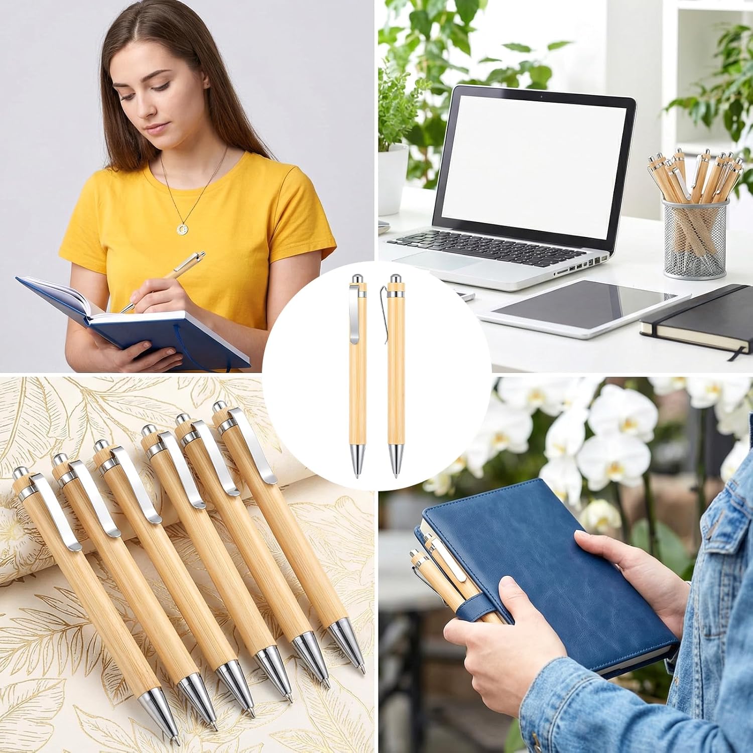 100 Pcs Bamboo Pens Bulk, Wooden Retractable Ballpoint Pens with Engraving for Customizable Gifts, Office Supplies and Writing
