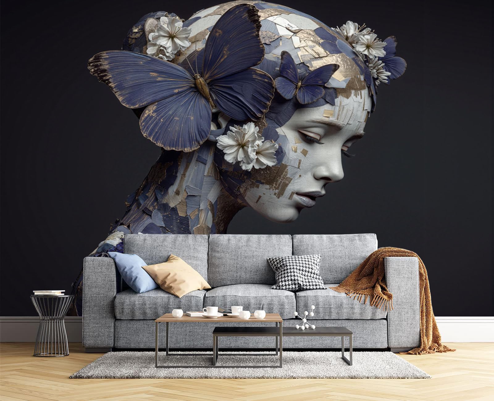 Papier Peint Panoramique Rétro Portrait 400x280cm, Fille Au Tableau Papillon Fleur Sauvage Huile Papier peint photo soie, Bleu Gris Murales Poster soie - pour Salon Chambre à Coucher Décor Fond TV