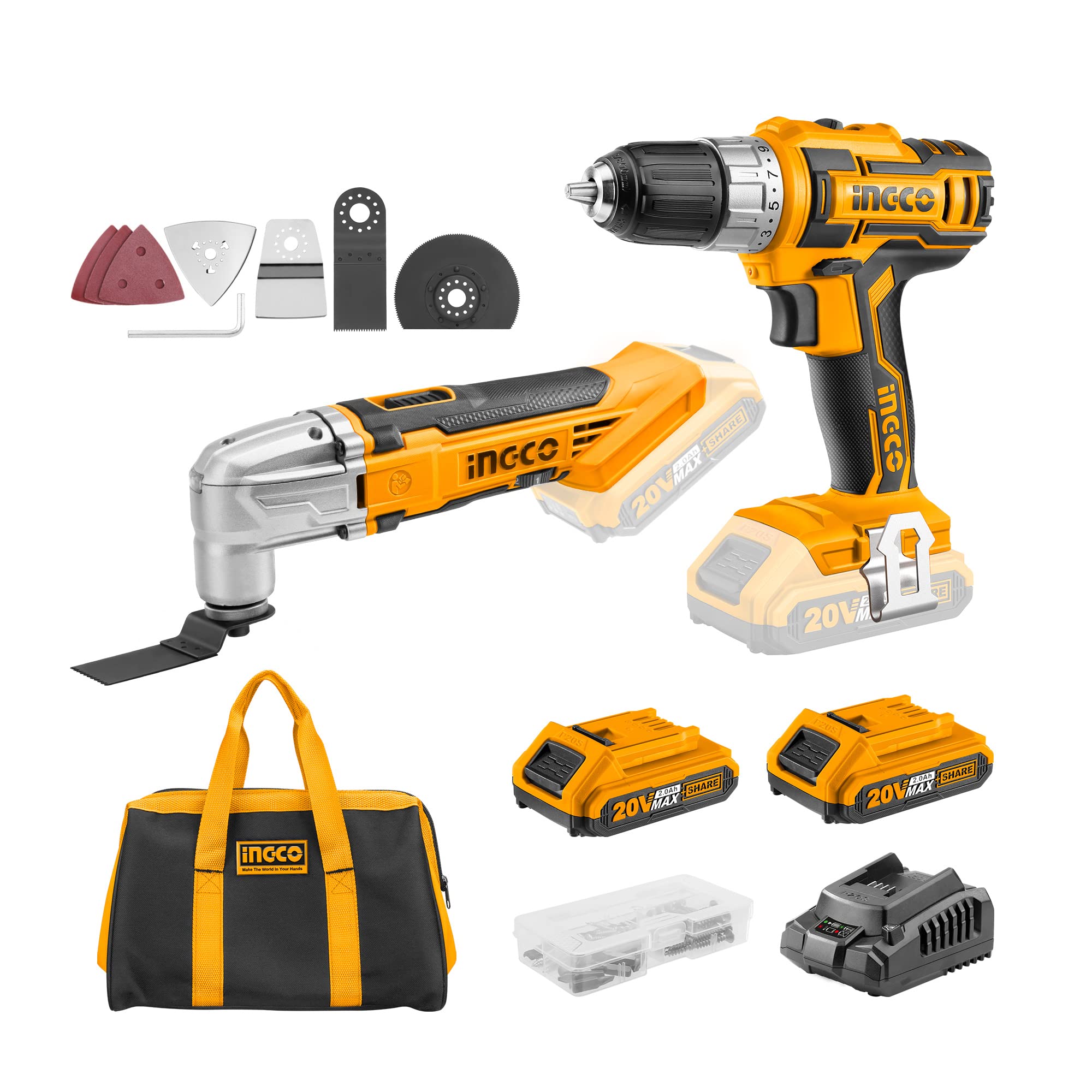 INGCO 20V Kit Inalámbrico 45NM Taladro Atornillador y Multiherramienta con 2x 2.0Ah Bateria CDLI2002+CMLI2001