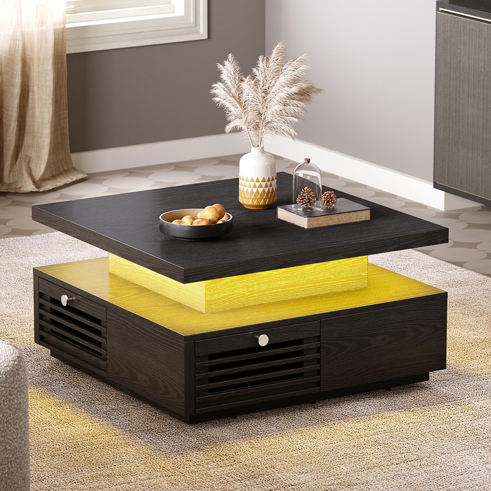 IRONCK Coffee Table with LED Light and Charging Station, 4 Storage Drawers with Grille Design, Square Coffee Table for Living Room Office Reception