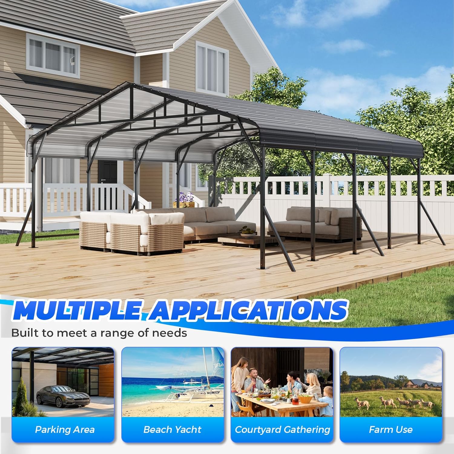 EROMMY 20x20 FT Heavy Duty Metal Carport with Reinforced Steel Braces & Galvanized Steel Roof and Frame, Sturdy Car Shed in All Weathers, Easy Assembly Car Shelter for 2 Cars, SUV, Tractors and Boat