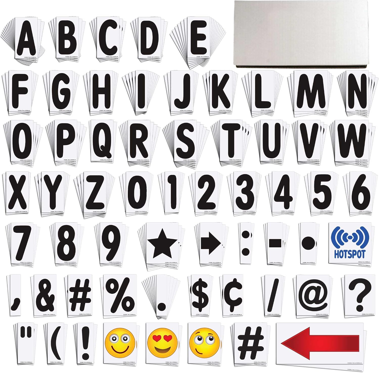 Premium Flex Letter Set in Storage Box for White Message Board Sidewalk Signs with 4 Inch Tracks, 354 Letters, Numbers, Symbols, and Emojis, All Black Characters