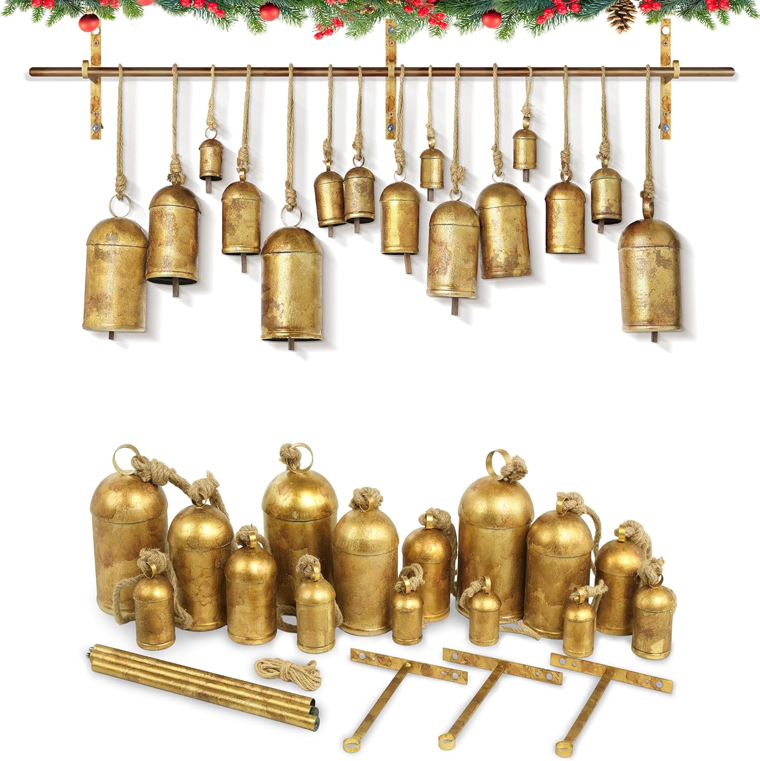Fovths Set of 15 Christmas Cow Bells with 5 Sizes Cylinder Metal Rustic Hanging Handmade Bells on Metal Pole with Jute Rope Giant Vintage Harmony Wind Chimes Bell for Xmas Door Staircase Garland Decor