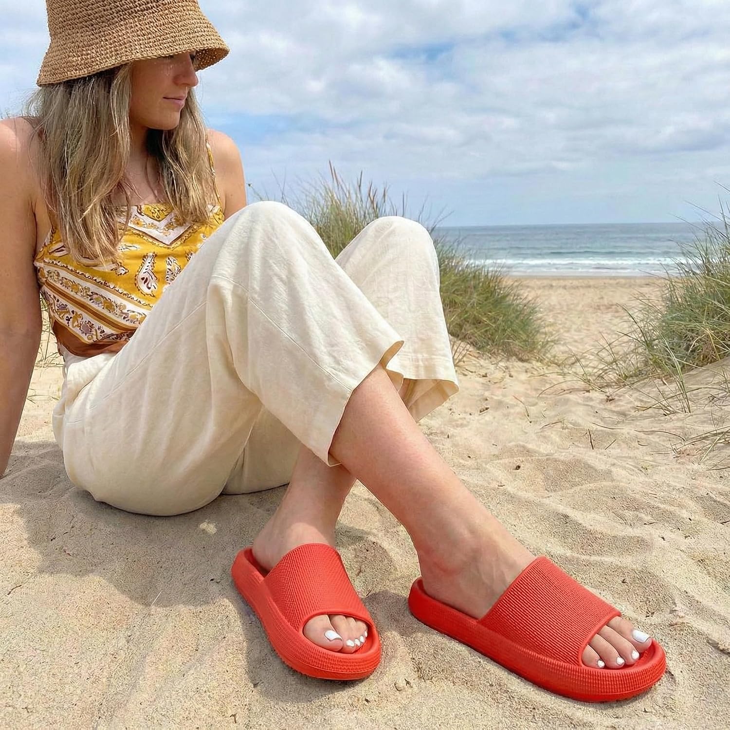 CUSHIONAIRE Feather EVA Slides for Women – Comfortable Slip On Womens Slippers, Indoor Outdoor Shower Shoes, Beach Essential Cloud Slides thumbnail