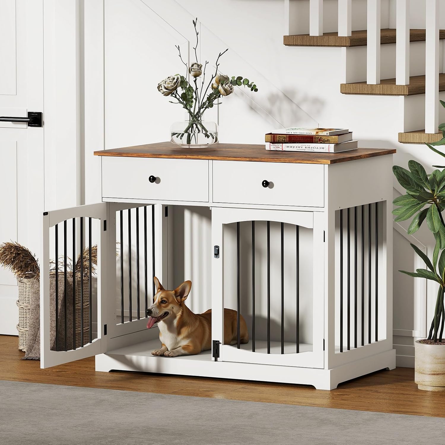 Dog Crate Furniture, Dogs Kennel Furniture, Wooden Dogs Crate-40 End Table with Storage Drawers, Decorative Pet Cage House Indoor for Small Medium Dog, White