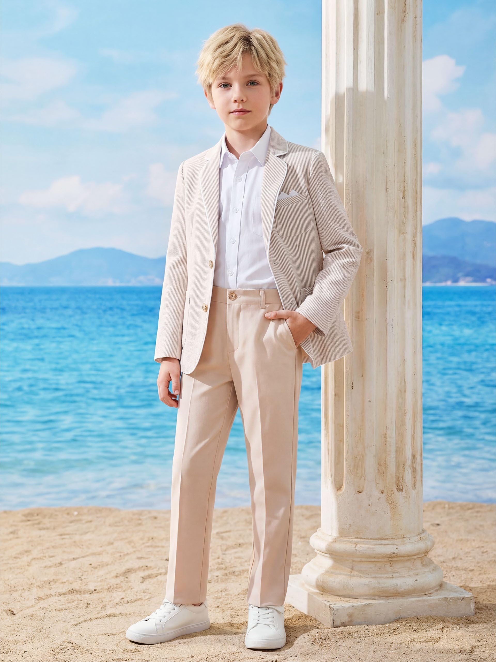 LOLANTA Blazer en Seersucker Respirant pour Enfants, Veste de Costume rayée élégante pour garçons, pour Occasions décontractées d’été, 5-13 Ans
