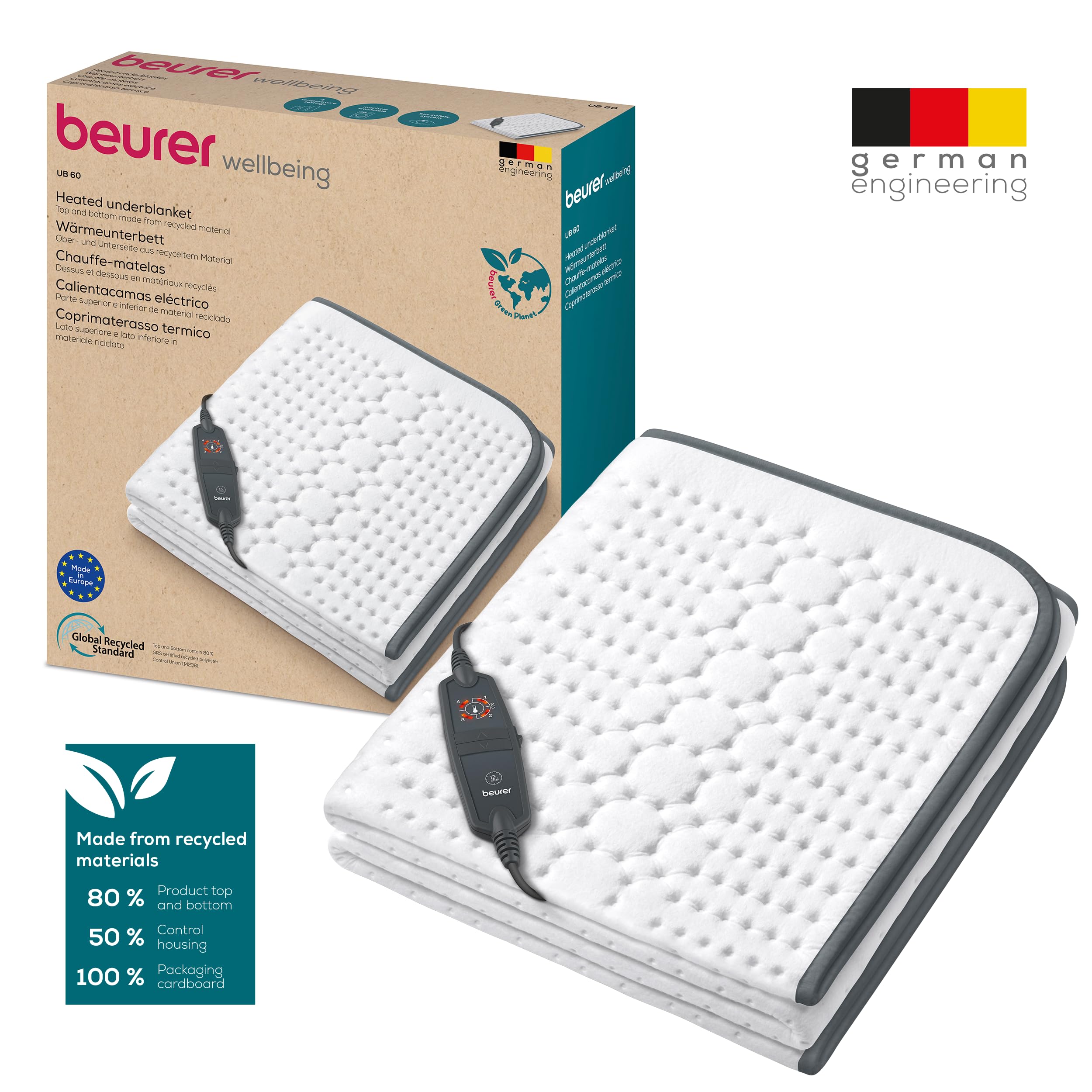 Beurer UB 60 Wärmeunterbett, Made in Europe, Ober- und Unterseite hergestellt aus 80 % recyceltem Material, kuschelig weich, 150 x 80 cm, Abschaltautomatik, 4 Temperaturstufen, waschbar
