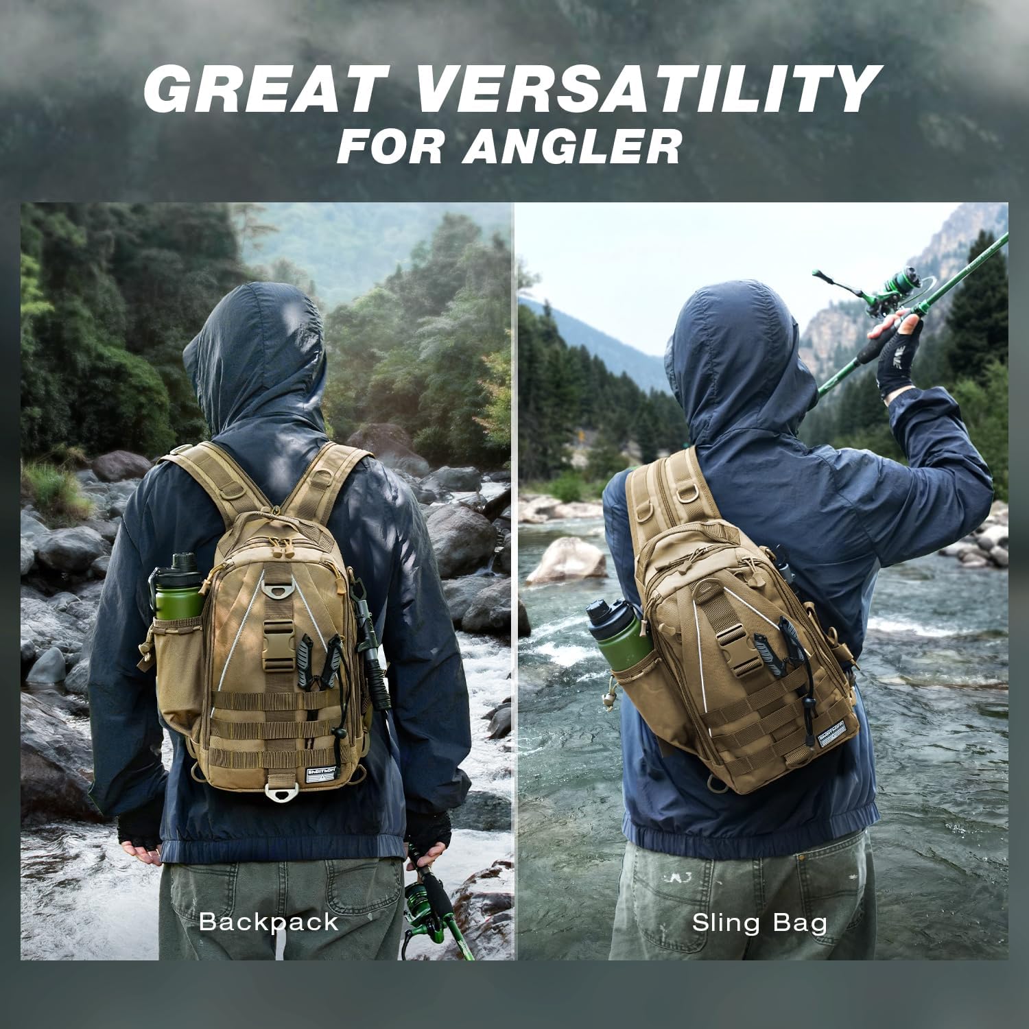 Ghosthorn Fishing Backpack Tackle Sling Bag-Backpack with Rod Holder- Lightweight Tackle Box Fly Fishing Gifts for Men Women