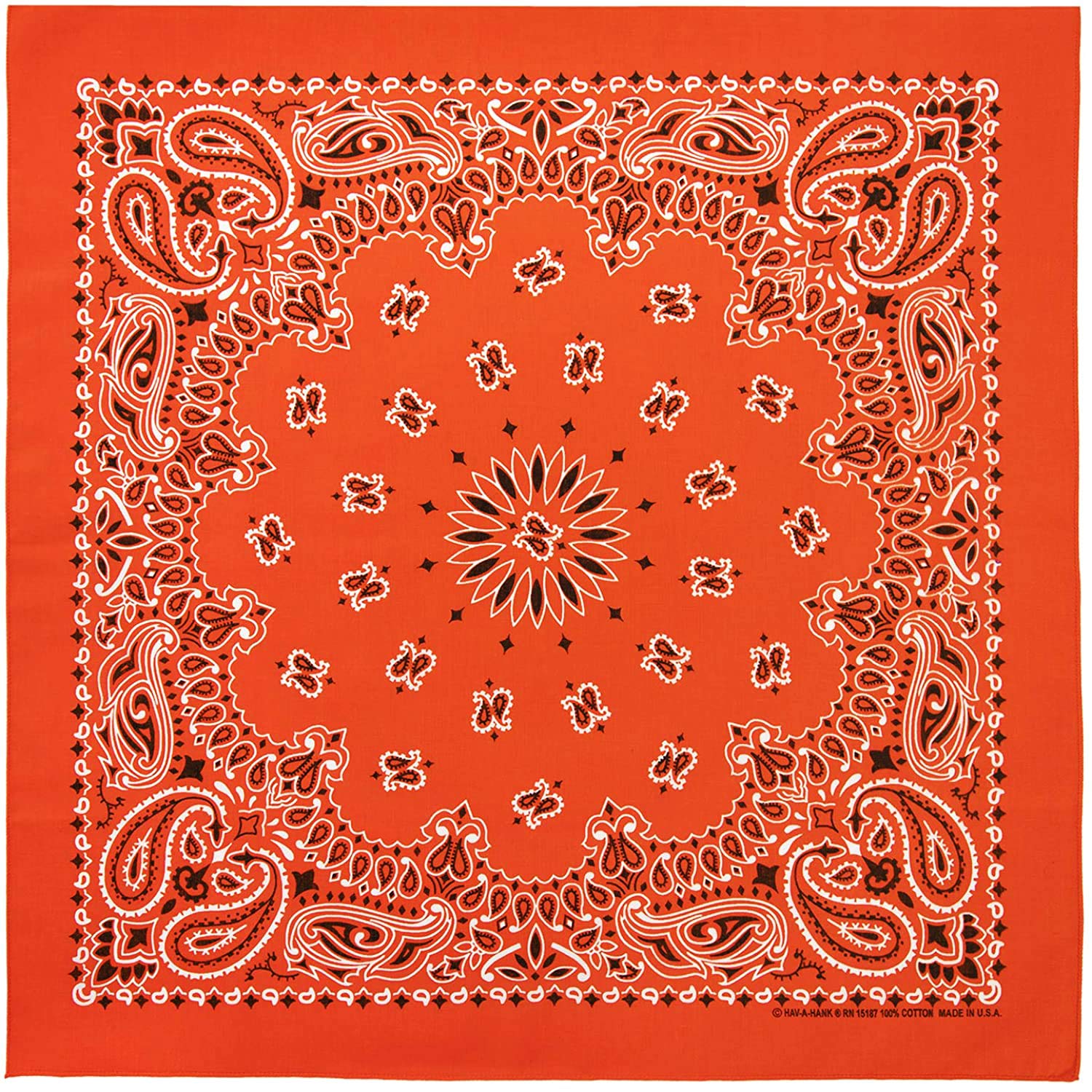 Premium Made in USA Unisex Paisley 100% Cotton Cowboy Bandana Head Wrap, USA Orange, 1 Piece
