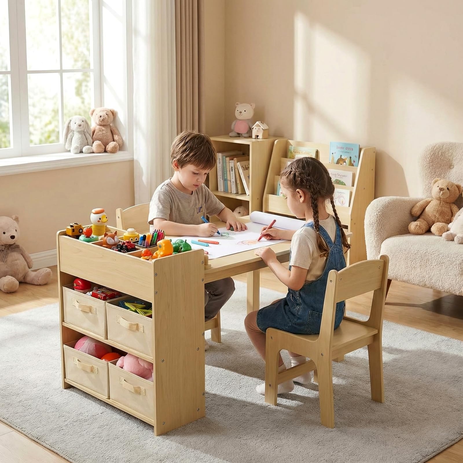 MAMIZO Tavolo per Bambini con 2 PCS Sedie, Tavolo in Legno con Rotolo di Carta, Mobile Montessori per Bambini 3-8 Anni, Ideale per Pittura/Leggere/Mangiare/Giocare, Montaggio Semplice Giallo