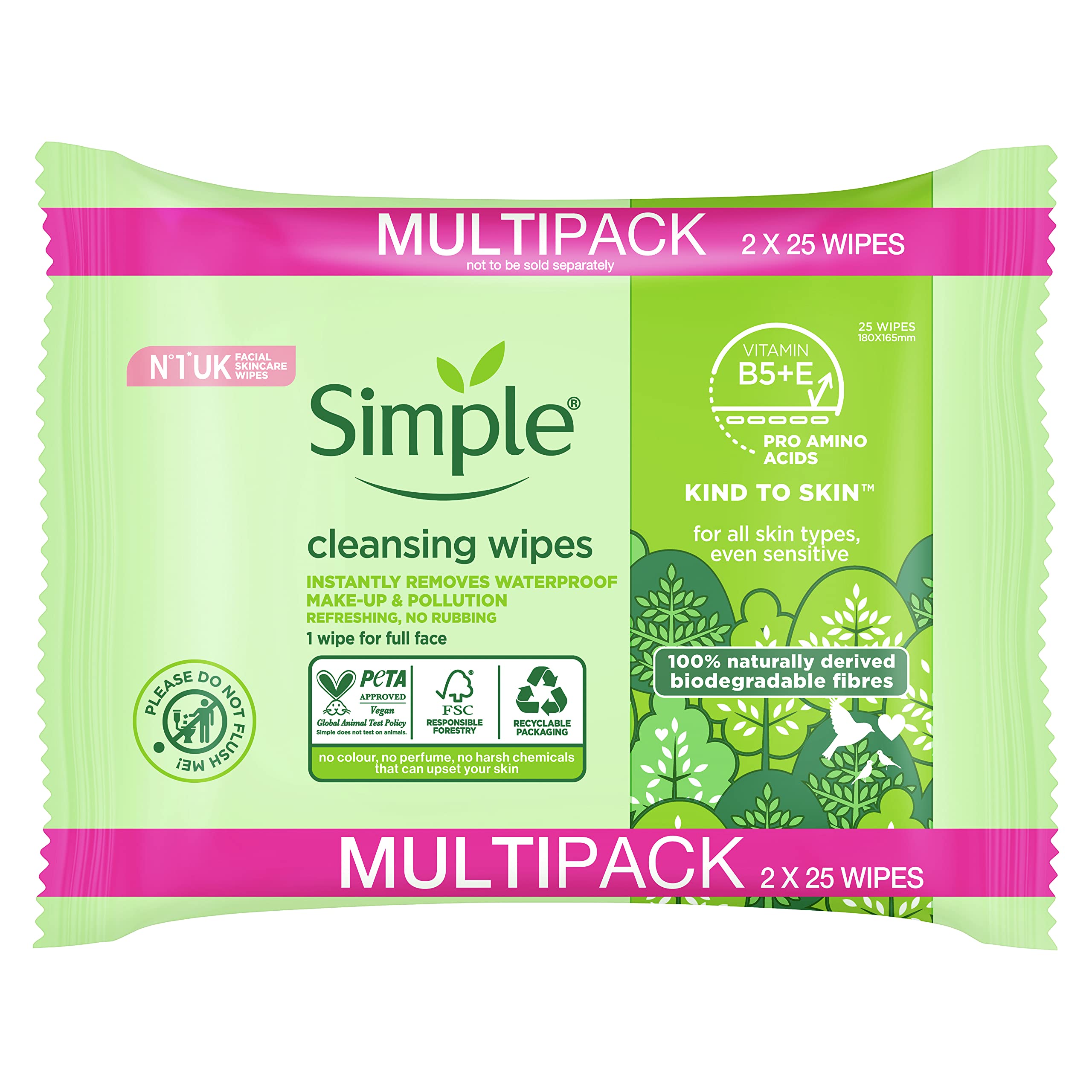 Simple Cleansing Face Wipes Biodegradable 50pc