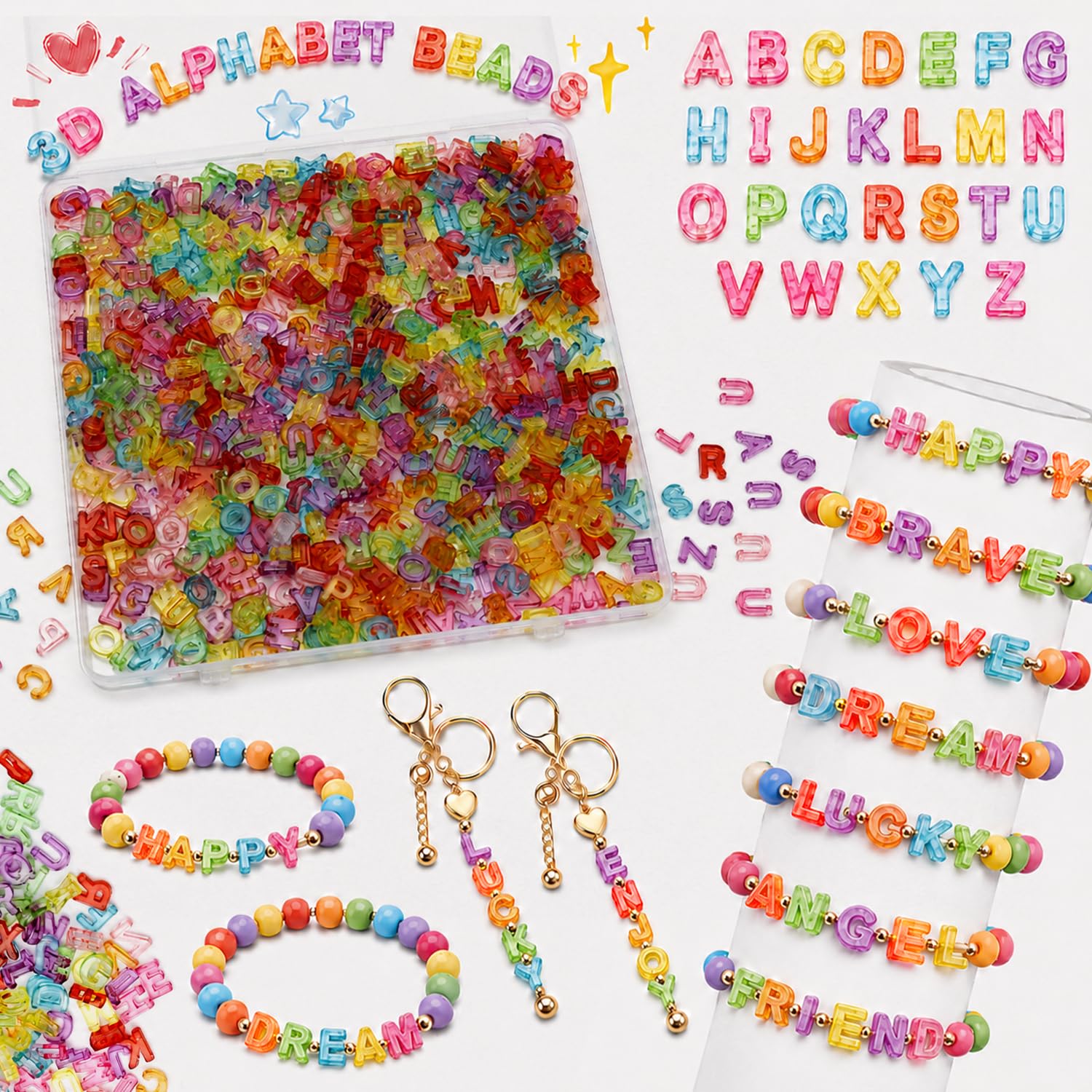 700PCS Large Letter Beads, 12MM Colourful 3D A–Z Alphabet Beads