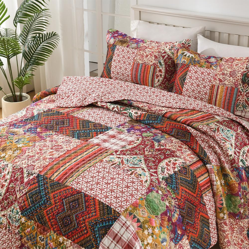 Cotton Bedspread Quilt Sets Reversible Bedding Coverlet Sets 3 Pieces Gorgeous Vintage Damask Red Patchwork Bedspread, Queen Size | Breathable material, Reversible coverlets, Cotton bedspread, Handmade patchwork, Jacquard stitching, Machine washable - Image 4
