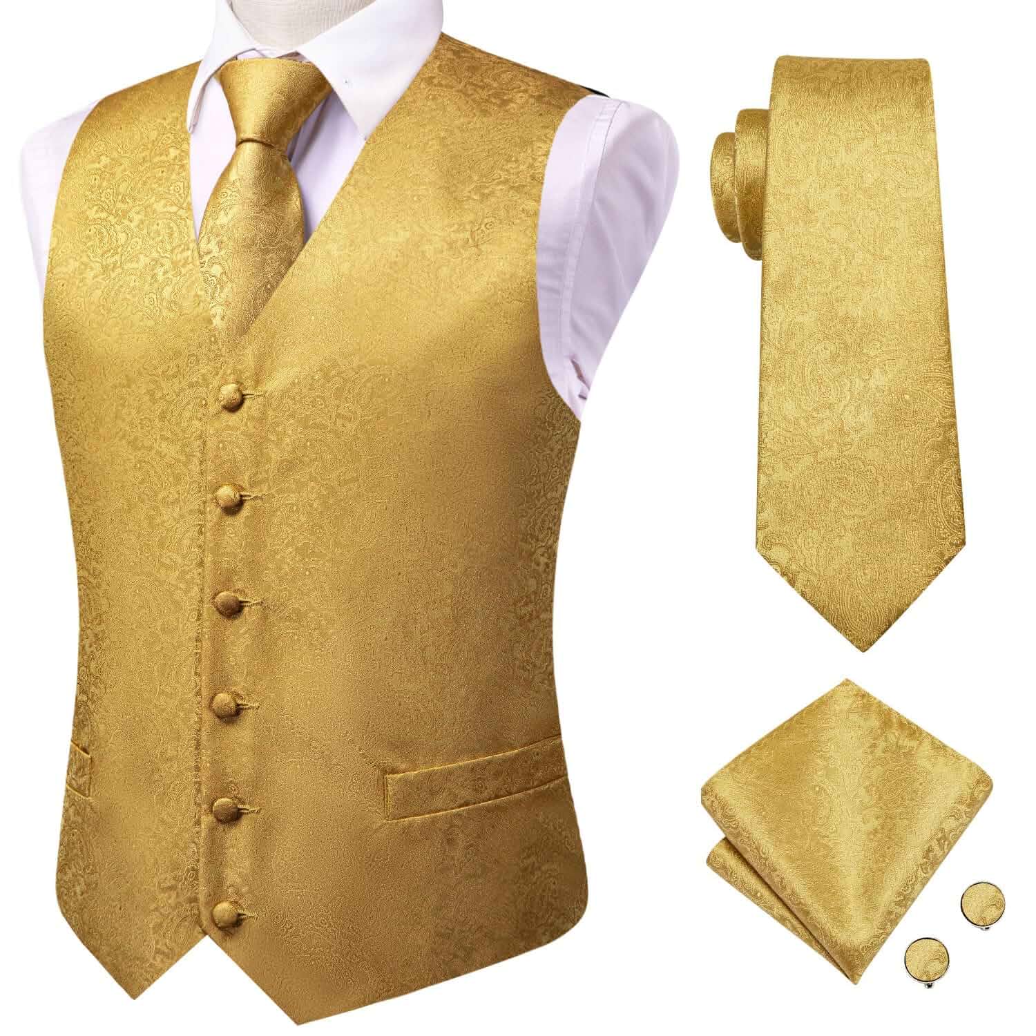 Hi-TieMen Vest Tie Set Wedding Formal Vest for Men Handky Set Business vest tie handkerchief cufflinks lapel pin tie clip, v neck 6 buttons 2 pockets, silk polyester, for me groom wedding party