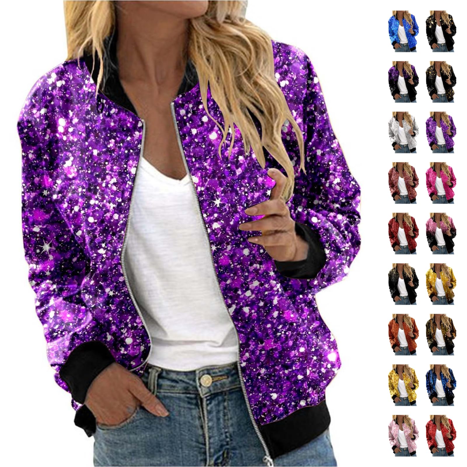 Veste à paillettes pour femme - Veste bomber à paillettes - Veste à paillettes - Coupe ajustée - Manches longues - Fermeture éclair avant - Manteau élégant - Veste courte - Tenue festive disco - Fête