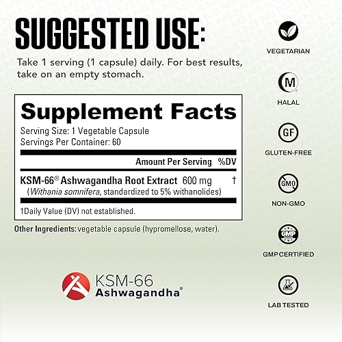 Miniatura 3 de NutraBio Ashwagandha KSM-66 Suplemento de hierbas Ashwagandha para el estrés, el estado de ánimo y el rendimiento 600 MG de KSM66 clínicamente