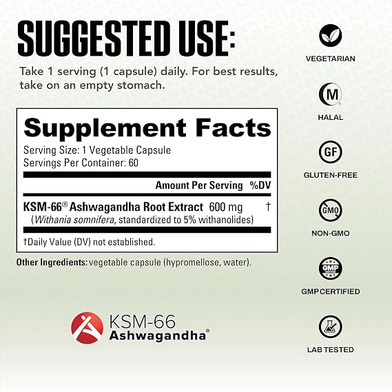 NutraBio Ashwagandha KSM-66 | Ashwagandha Herbal Supplement for Stress, Mood, Performance | 600 MG of Clinically Studied KSM66 60 Capsules