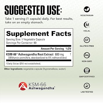 NutraBio Ashwagandha KSM-66 | Ashwagandha Herbal Supplement for Stress, Mood, Performance | 600 MG of Clinically Studied KSM66 60 Capsules