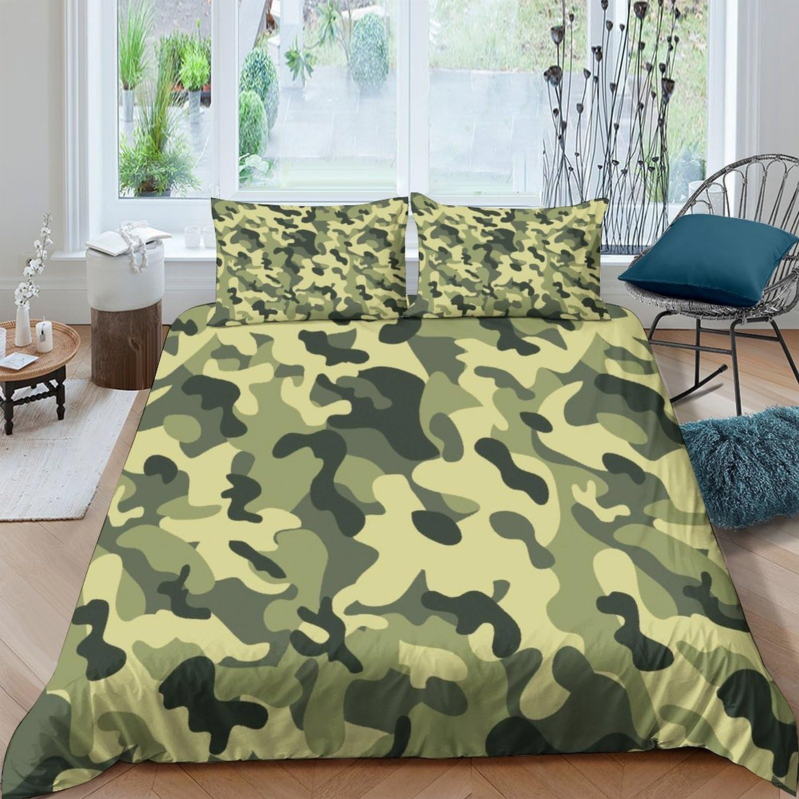 Housse de couette 2 pièces camouflage anti-plis en microfibre pour lit 1 personne